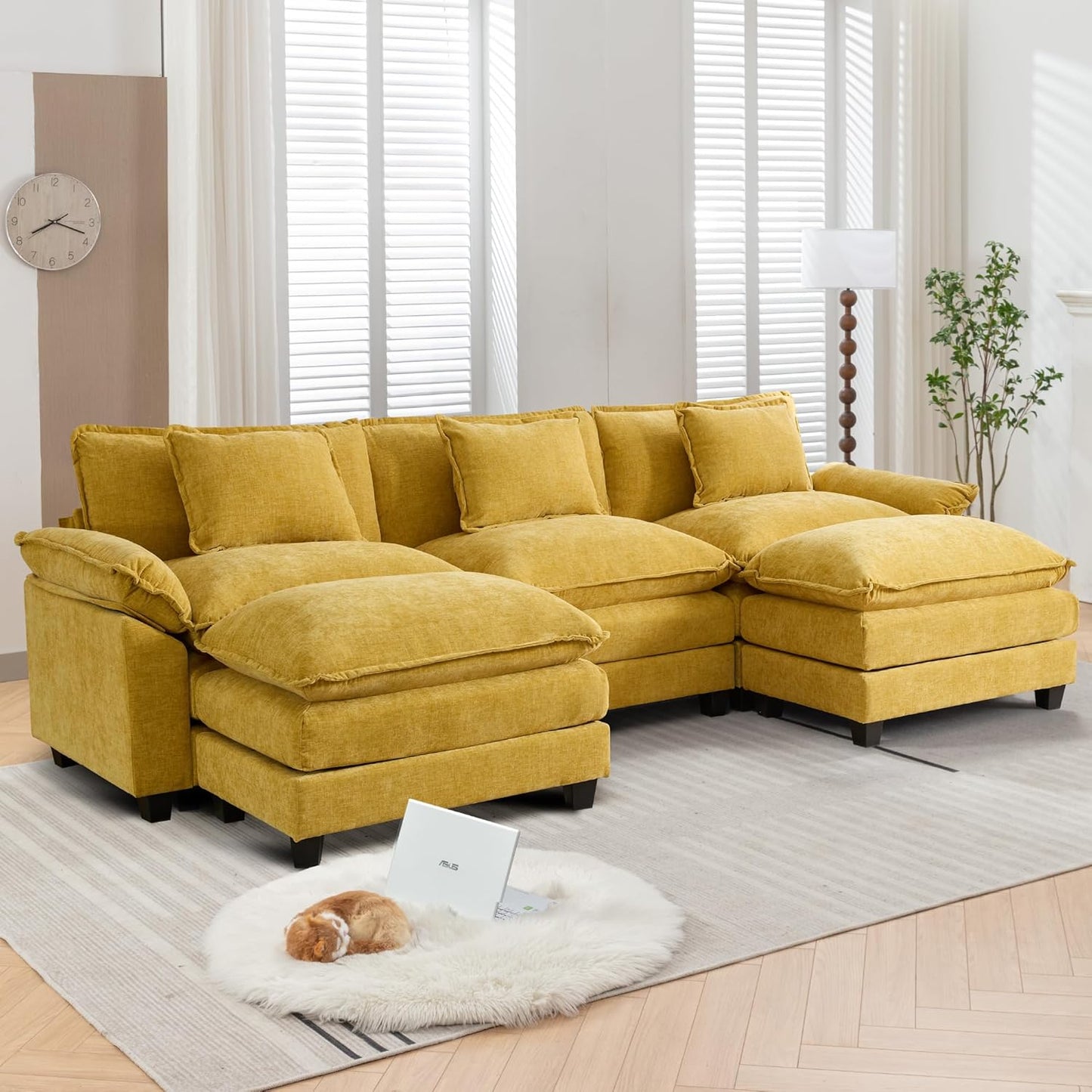 URRED Modular Sectional Sofa Comfy Cloud Couch, Modern Chenille Sofa Sleeper Deep Seat Couches with Ottoman/Pillows for Living Room (Yellow, 117'' - U Shape)