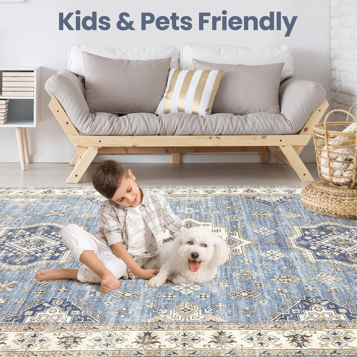 Washable Area Rugs for Living Room - 6x9 Neutral Vintage Distressed Floral Farmhouse Boho Large Soft Floor Rug Indoor Non Slip Carpet for Living Room Bedroom Dining Room Office - Blue