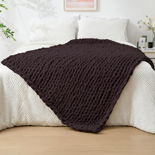 Bigacogo Chunky Knit Throw Blanket for Couch, 40x60 inches, 100% Hand Knitted with Thick Jumbo Chenille Yarn, Cozy Soft Large Rope Knot Cable Crochet Blankets for Sofa Bed Living Room, Chocolate