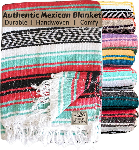 Del Mex Classic Mexican Blanket, Large Authentic Woven Falsa Throw (70"x50"), Artisan Southwest Décor for Beach, Yoga, Outdoors (Pink/Mint)