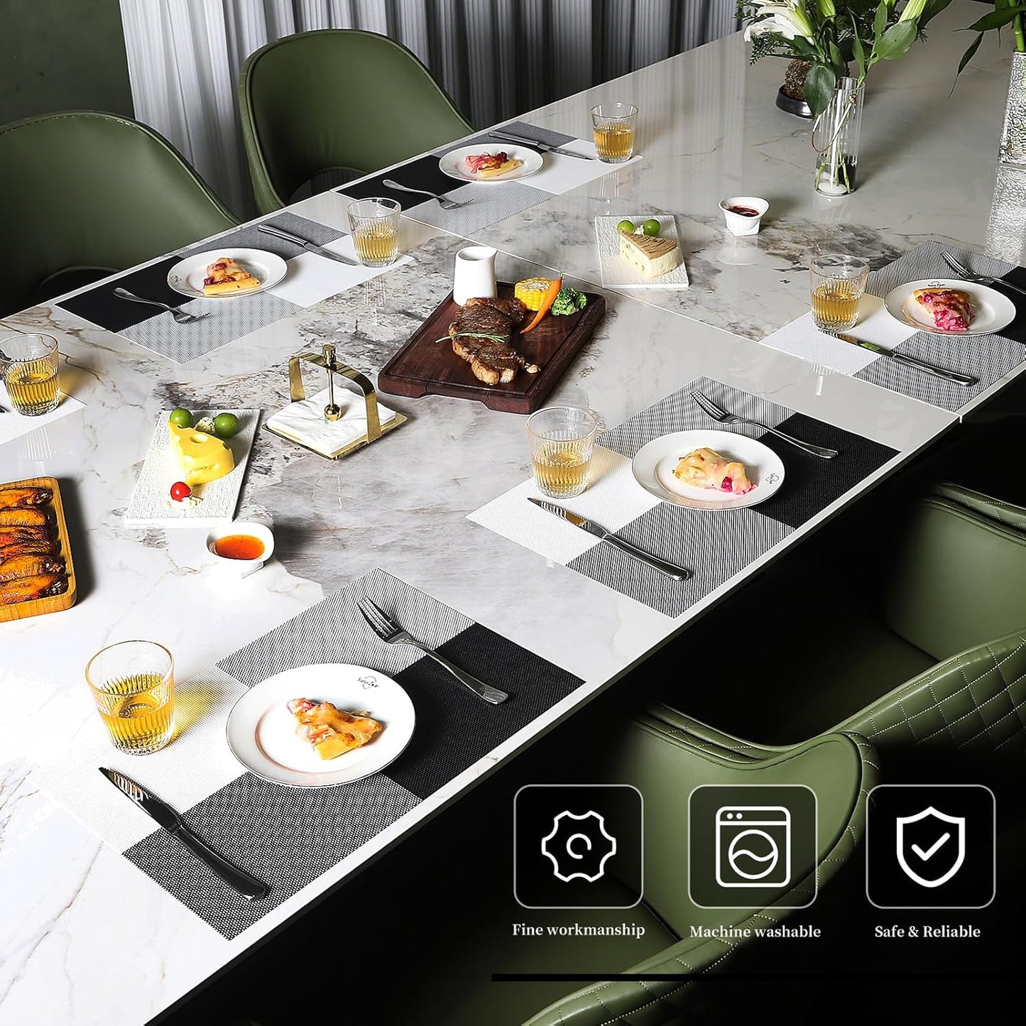 Vinyl Plastic Placemats Set of 4 Washable Heat Resistant Non-Slip Elegant Indoor Outdoor Kitchen Dining PVC Woven Table Place Mats (Black White Lattice Block)