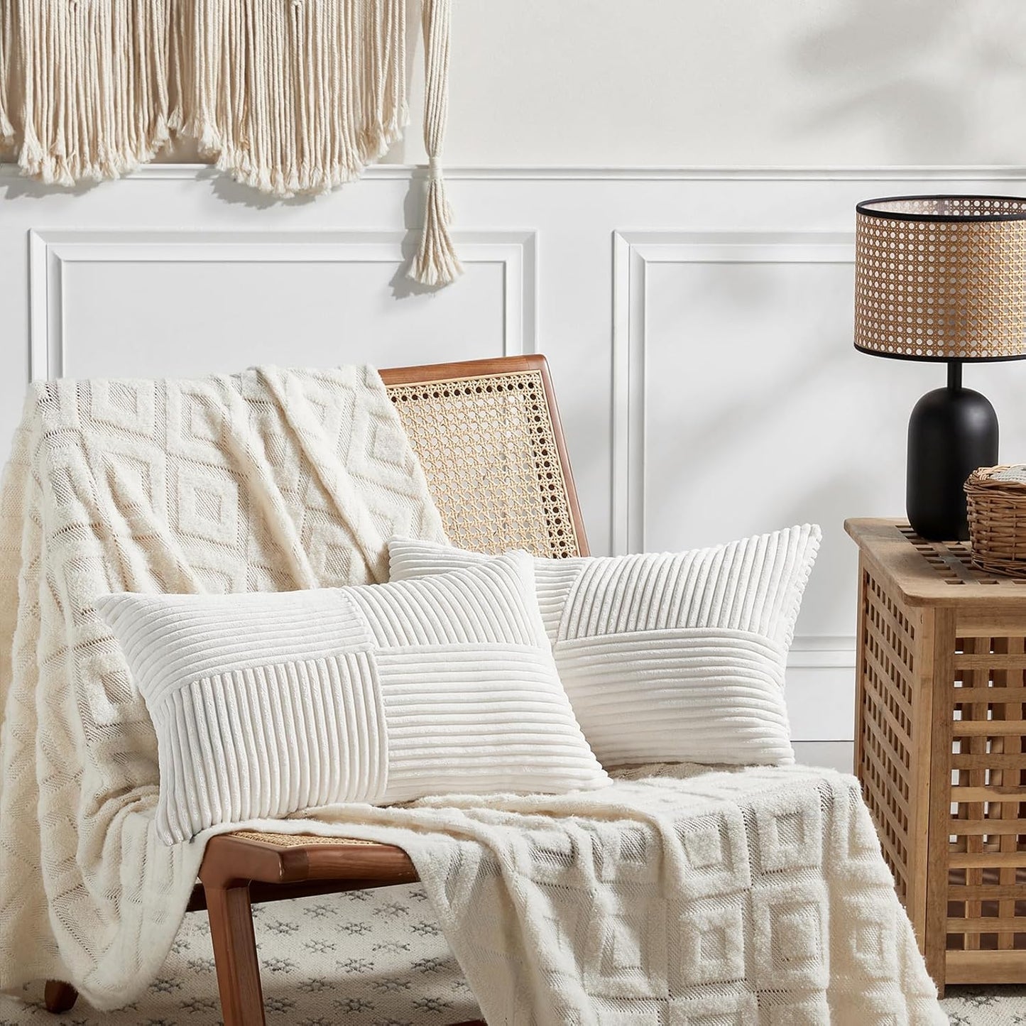 Fancy Homi 2 Packs Cream White Lumbar Decorative Throw Pillow Covers 14x24 Inch for Couch Bed Sofa, Rustic Farmhouse Boho Home Decor, Soft Striped Corduroy Rectangle Accent Cushion Case 35x60 cm