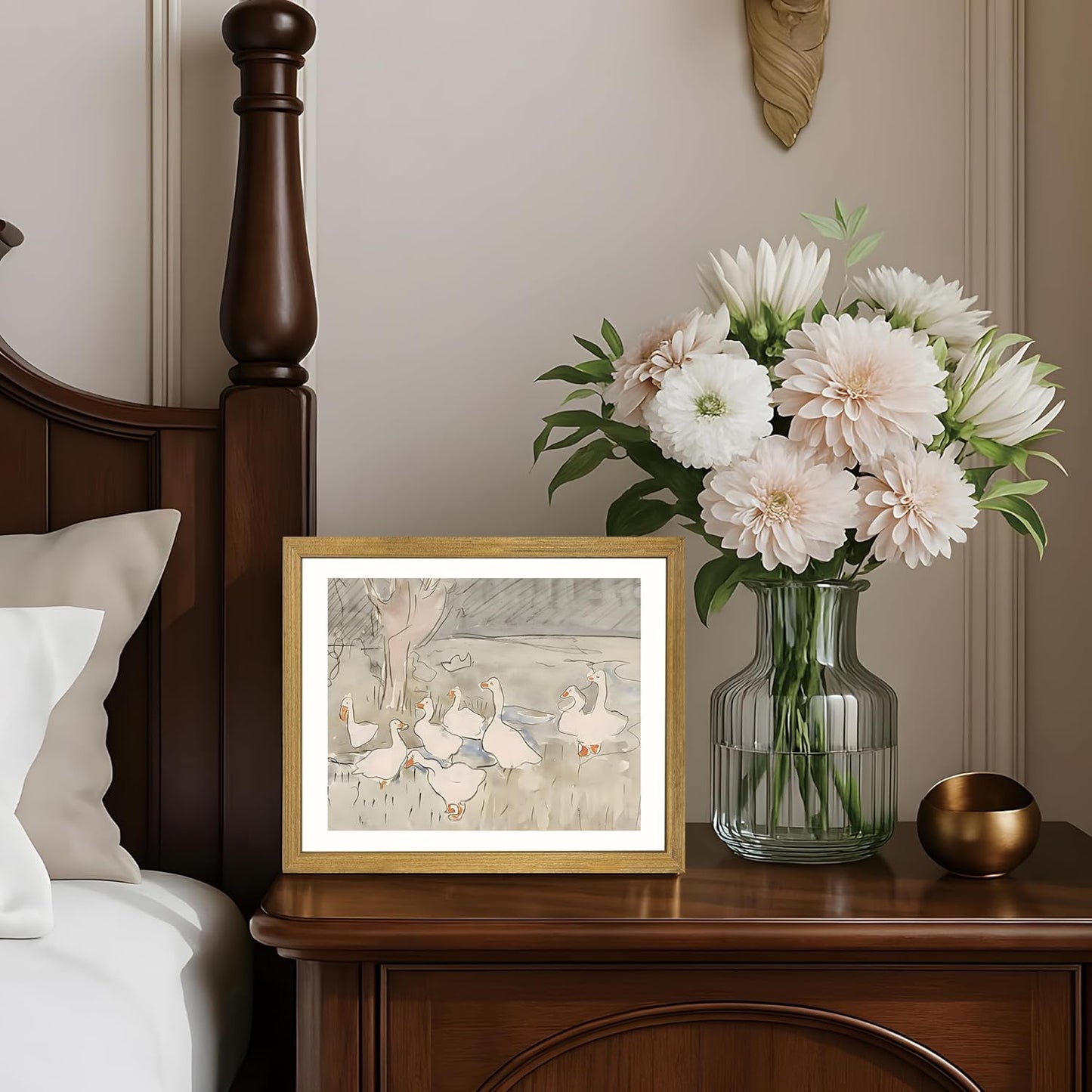 Vintage Framed Goose Wall Art Watercolor Print, Rustic Farm Duck Decor Canvas Painting, Minimalist Pastoral Poster Picture, Country Cottage Wall Decor for Living Room Kitchen Bathroom Bedroom 8x10 in