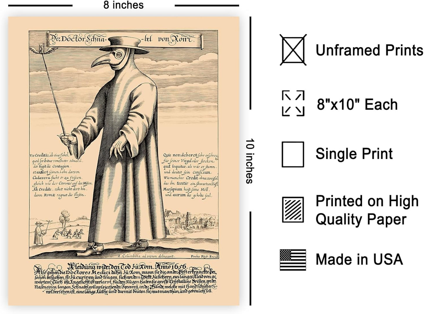 Poster Master Vintage Doctor Schnabel from Rome Poster - Retro Plague Doctor Print - Medieval Art - Gift for Men & Women - Great Wall Decor for Dorm, Living Room or Bedroom - 8x10 UNFRAMED Wall Art