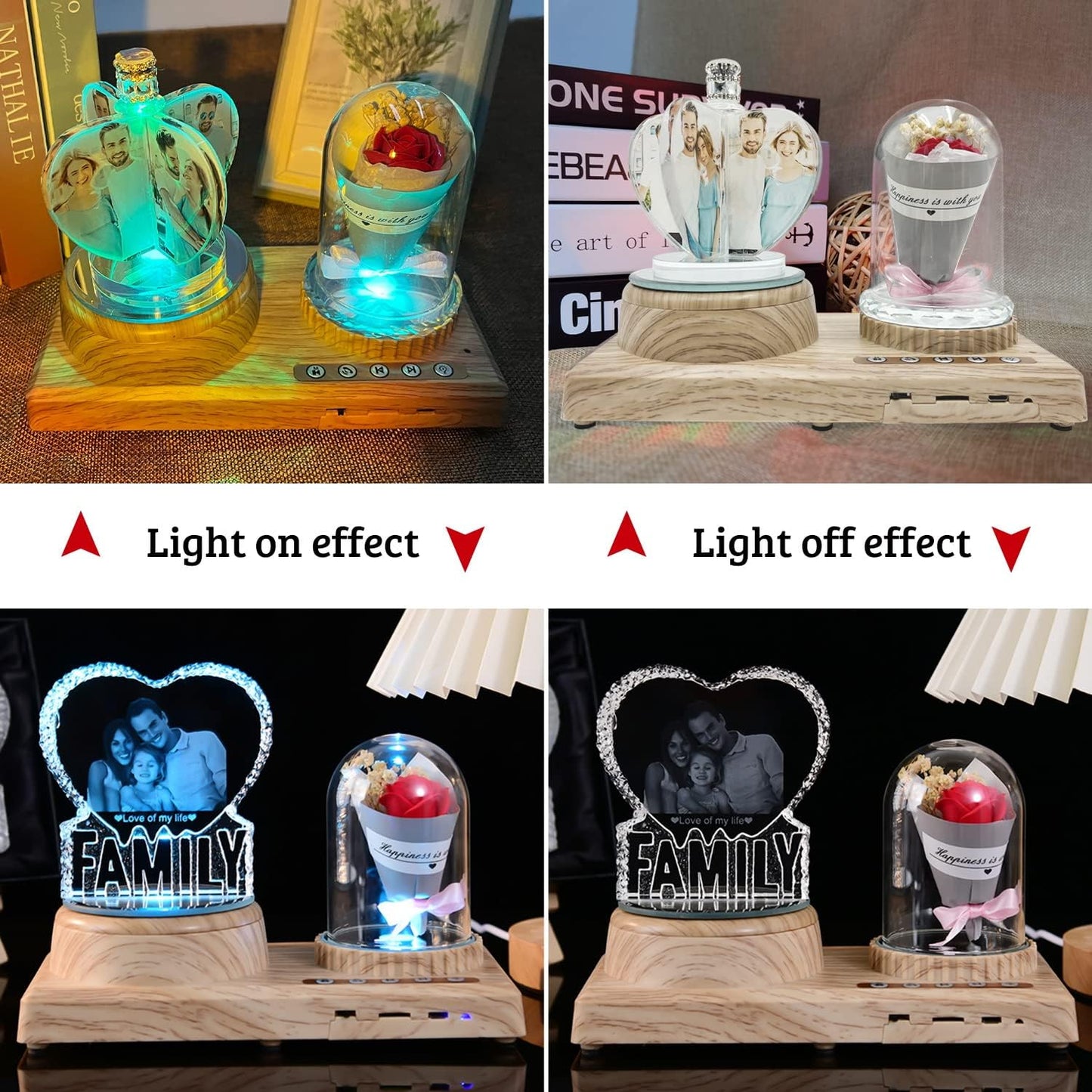 Crystal Print with Your Photo, Heart-Shaped Love Photo Custom Night Light Personalized Lamp with Bluetooth Rose Audio, Crystal Photo Frame Best Gift for Couple Love Women Men Wedding Christmas