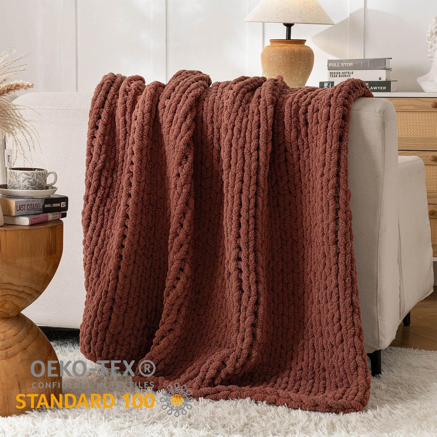 Chunky Knit Blanket Throw, 100% Hand Knit Throw Blanket Handmade Chenille Cable Knit Throw for Couch, Stylish Cozy Soft Rope Knot Crochet Blanket for Home Decor, Copper Brown, 40x50 Inches