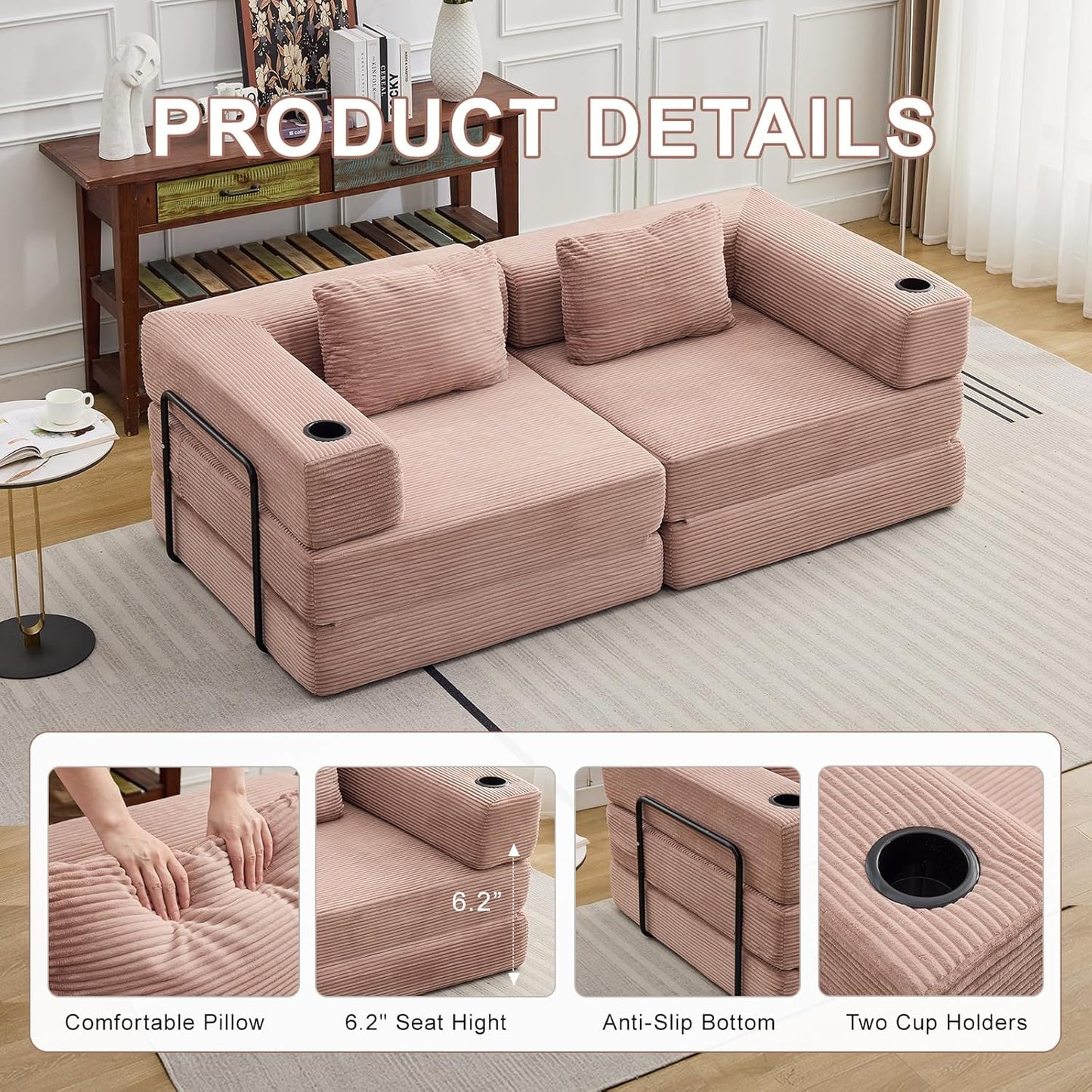 78" W Loveseat Sofa, 4 in 1 Convertible Floor Sofa Bed, Boneless Cloud Couch with Cup Holder, Fold Out Floor Couch, Loveseat Recliner Sleeper for Living Room Bedroom Lounge(Corduroy, White)