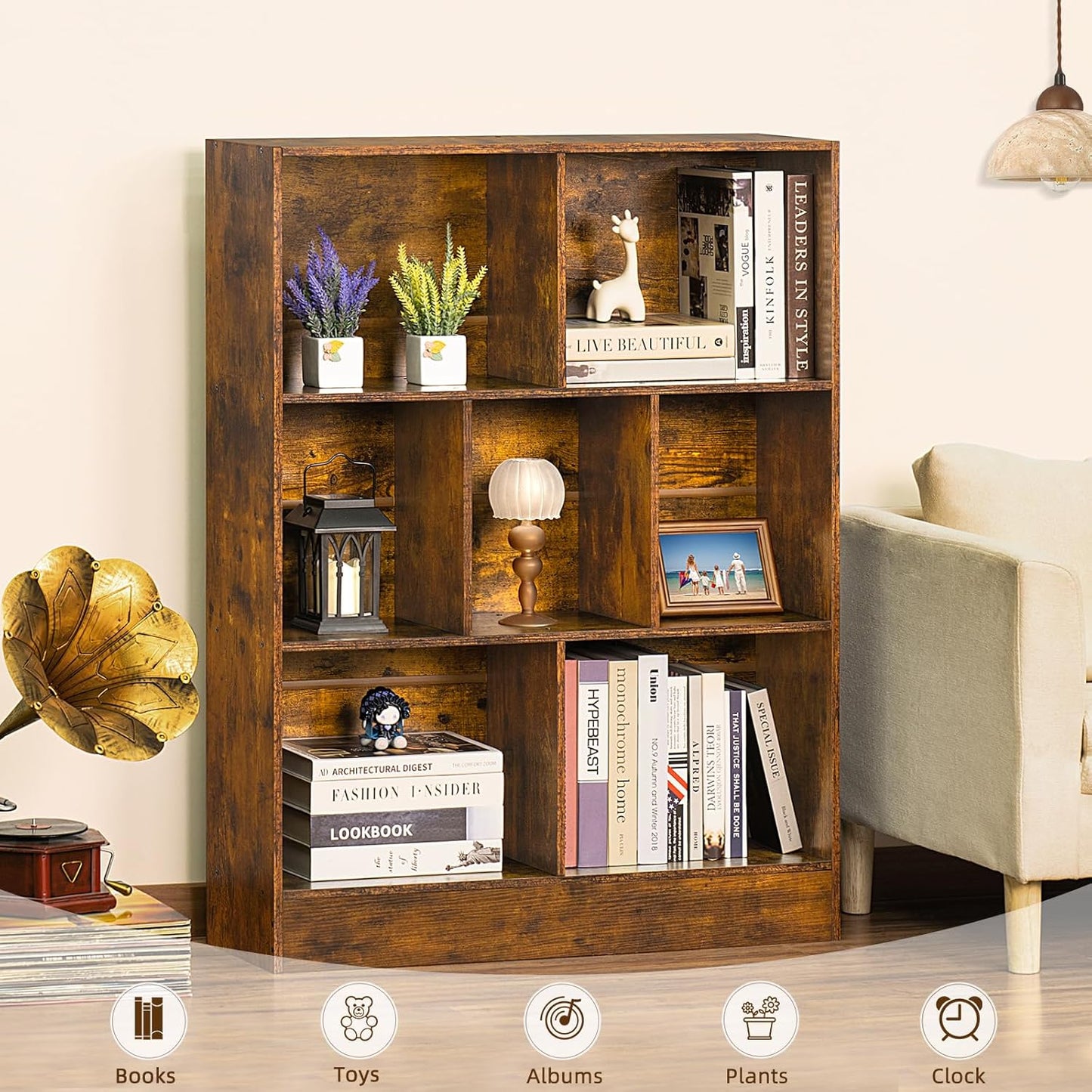 LEYAOYAO 7 Cube Bookshelf with Wood Base, Brown 3 Tier Mid-Century Modern Bookcase,Standing Wide Bookshelves Storage Organizer Shelf,Rustic Display Cabinet Book Shelves for Bedroom,Living Room,Office