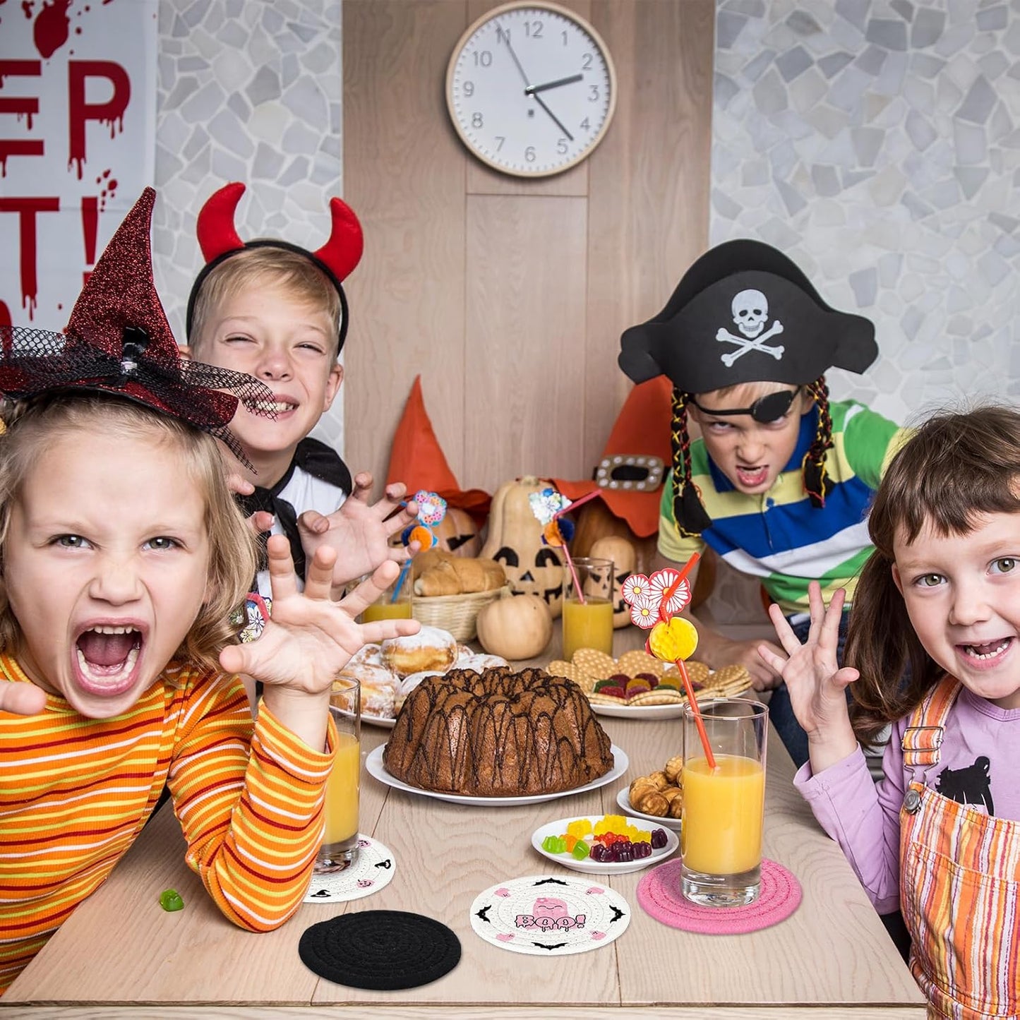 Whaline 4Pcs Halloween Handmade Braided Cotton Coasters Pink Black Pumpkin Ghost Boo Drink Coasters Absorbent Cup Coasters for Home Office Party Decor, 4.3 Inch