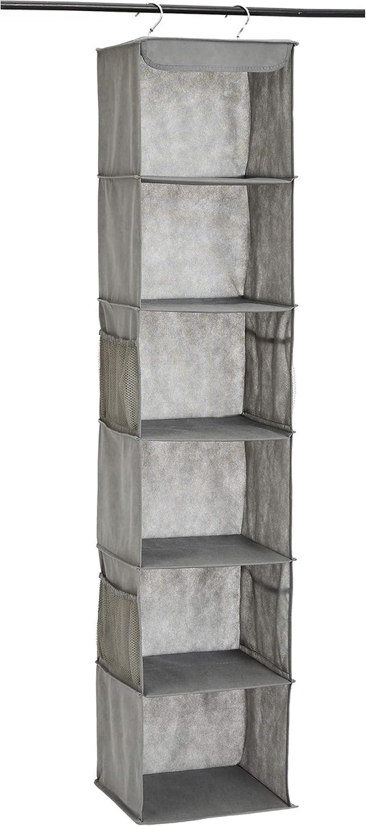 Amazon Basics 6-Tier Hanging Closet Shelf Organizer With Pockets, 8.5" D x 12" W x 9" H, Grey