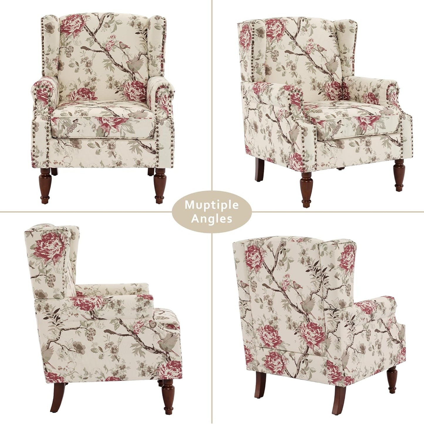Lumibee Wingback Accent Chair,High Back Floral Armchairs in Fabric,Comfy Upholstered Reading Single Sofa Chair with Solid Wood Legs for Living Room,Bedroom,Office-Floral Beige