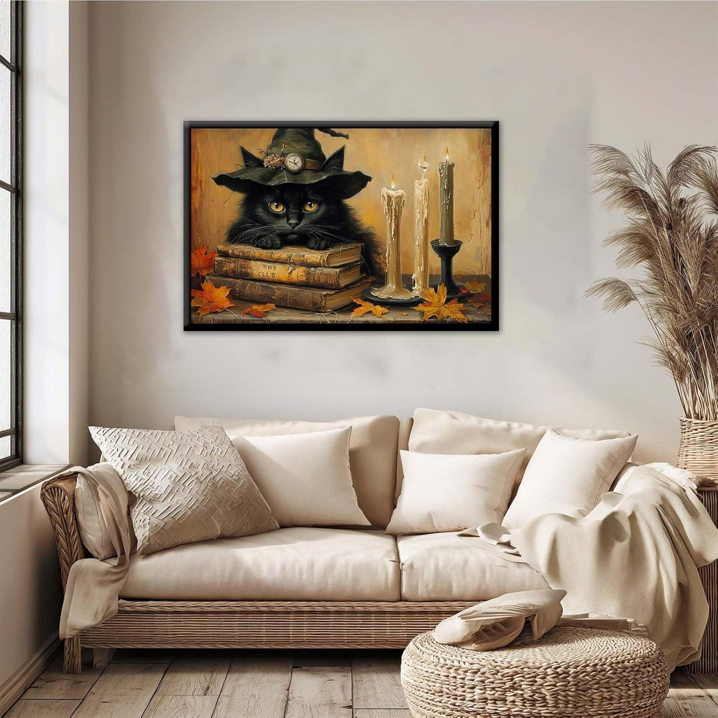 JFHCQJPK Vintage Halloween wall decoration black cat and magic book suitable for home bedroom living room decoration dark classic art witch wall decoration24x36in Metal blackFramed