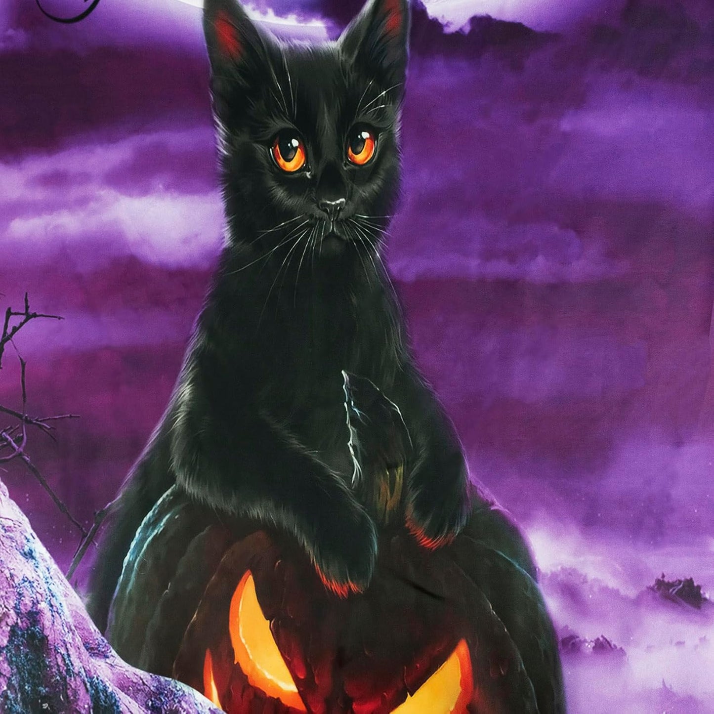 LB Halloween Wall Art - Horror Witch Cat and Dead Tree Pumpkin Lights with Spooky Graveyard Wall Tapestry Purple Full Moon over Misty Forest for Bedroom Living Room - 92.5x70.9 Inches