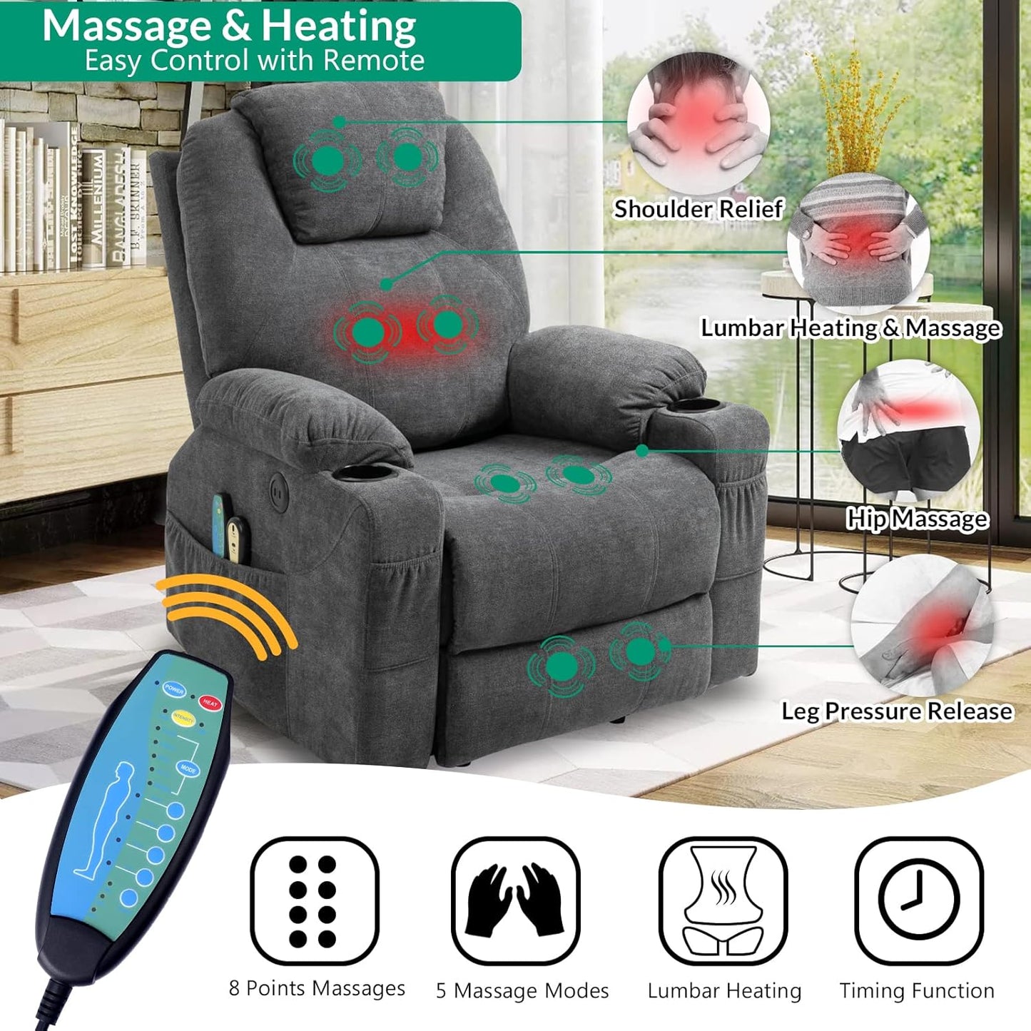 VIVIJASON Power Lift Chair Electric Recliner for Elderly Heated Vibration Massage Fabric Recliner Chair with 2 Remote Controls, Cup Holders, Side Pockets & USB Ports for Living Room (Grey)