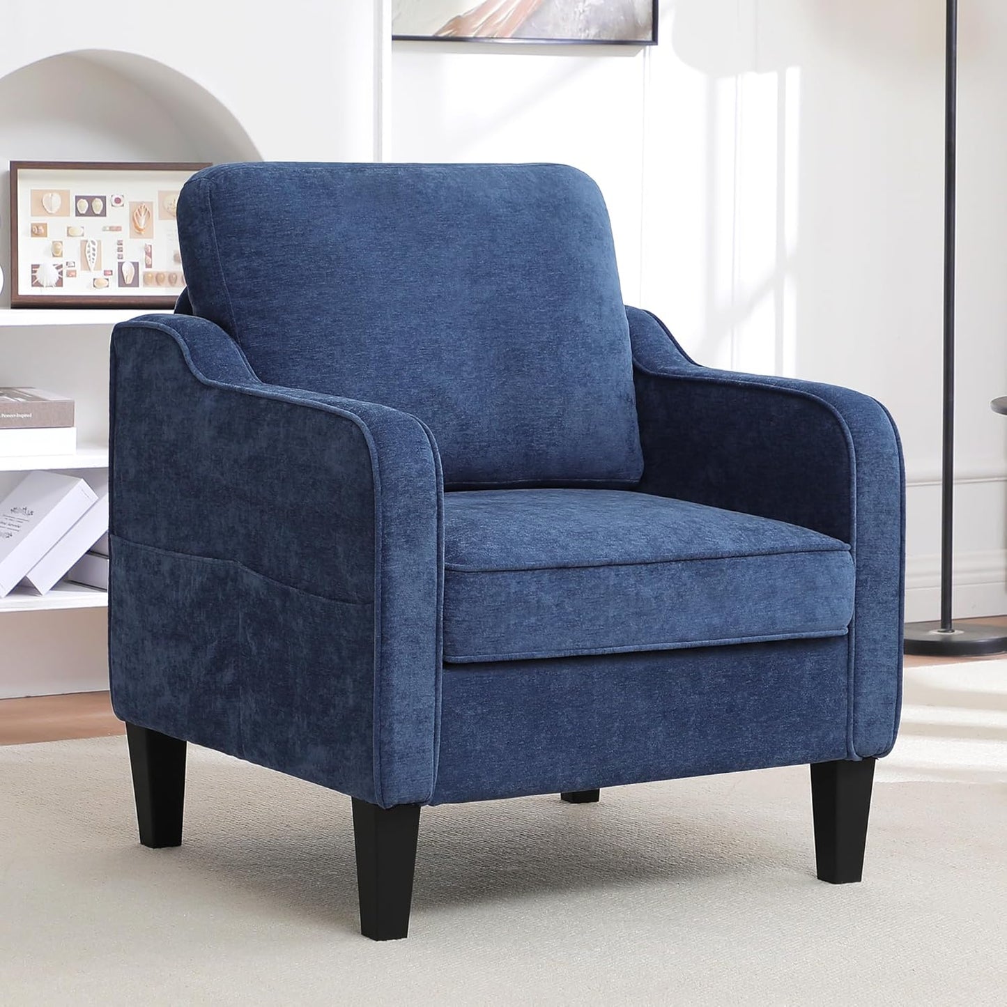 Accent Chair for Living Room, Mid Century Modern Reading Chair for Bedroom, Upholstered Armchair with Side Pockets, Comfy Single Sofa Side Chair for Office, Apartment, Small Room, Blue