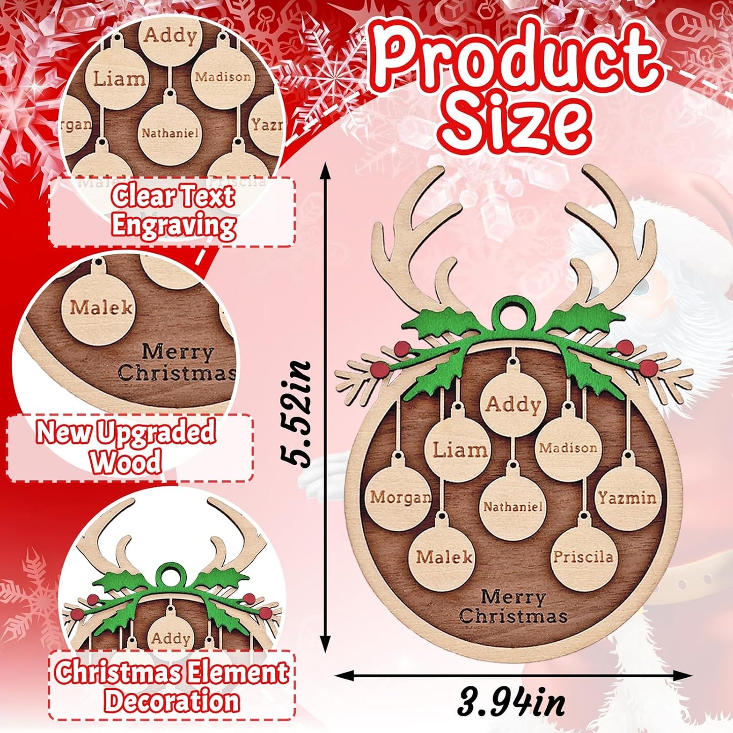 Personalized Christmas Ornaments 2025 with Family Names Custom Wooden Ornaments for Christmas Tree Personalized Ornament Gifts (1-10 Names)