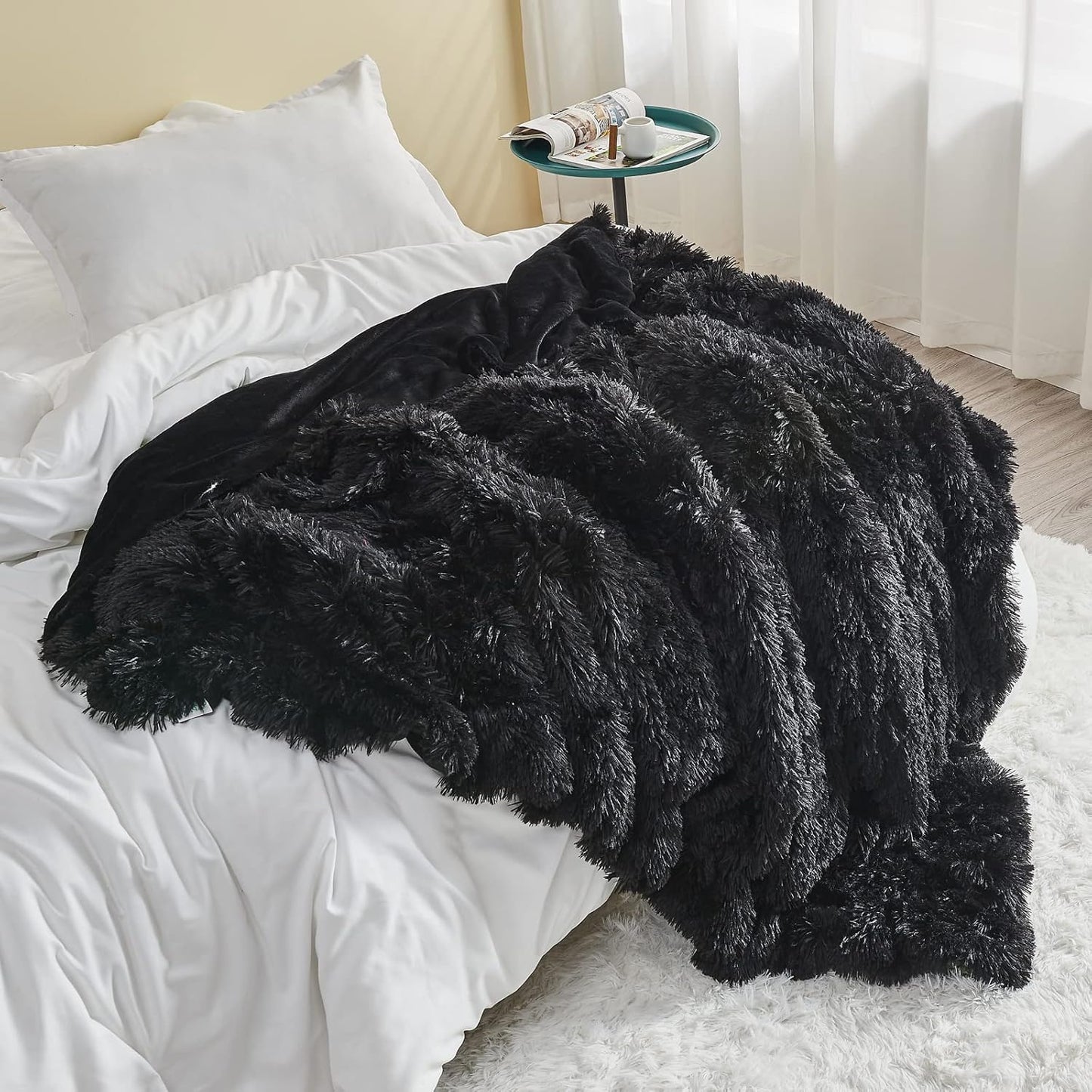 GONAAP Fuzzy Faux Fur Throw Blanket Black Super Soft Cozy Plush Fuzzy Shaggy Blanket for Couch Sofa Bed (Black, Throw(50"x60"))