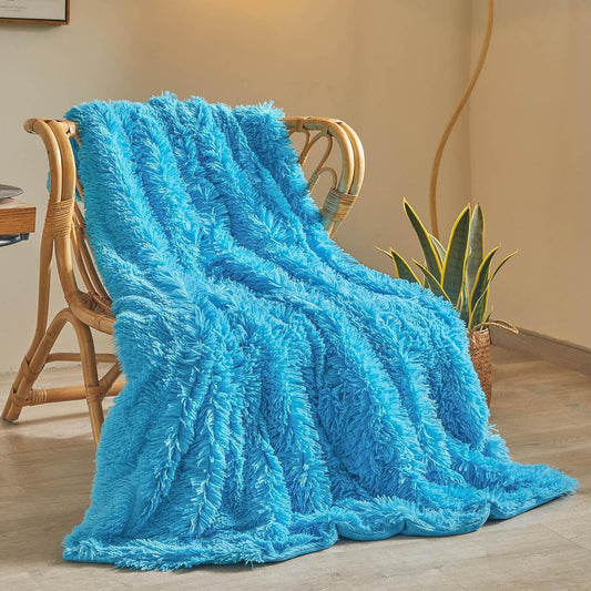 XeGe Luxury Faux Fur Throw, Blue Soft 50x60 Fluffy Blanket, Shaggy Plush Decorative Couch Cute Furry Bed Throw Fuzzy Office Lap Blanket for Bedroom Living Room Sofa Chair, Blue