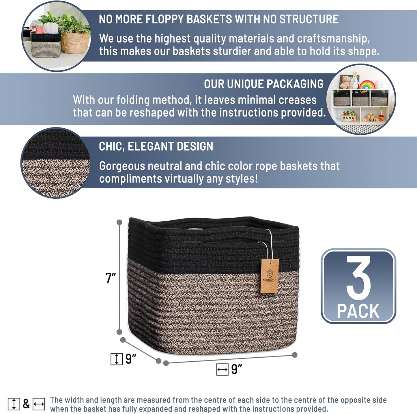 NaturalCozy Storage Cubes 9”x9”x7”Cotton Rope Woven Baskets for Organizing 3-Pack | 9 Inch Cube Storage Bin | Small Basket for Shelf Nursery, Pantry, Decorative Plant, Bathroom Closet, Toy Gift