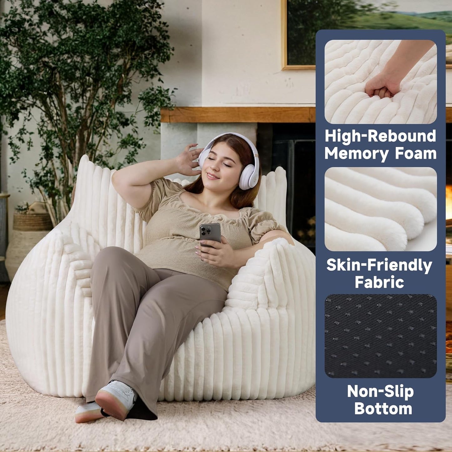 Oversized Bean Bag Chair for Adults, Giant Comfy Plush Boneless Bean Bag Couch with Filler for Kids - Reading Chair for Living Room, Bedroom & Dorm, Single Accent Chair Floor Lounger, Beige