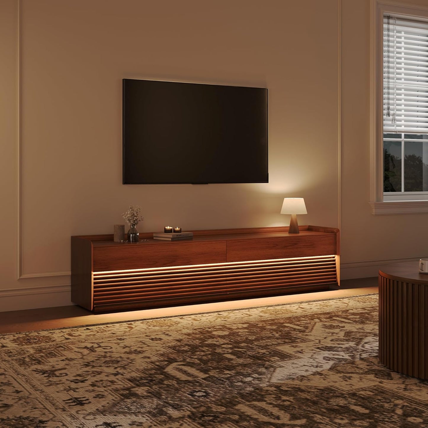 POVISON Fully-Assembled Mid Century Modern TV Stand, 78.74" Wood Media Console with Adjustable LED Light, Entertainment Center with Storage for Living Room