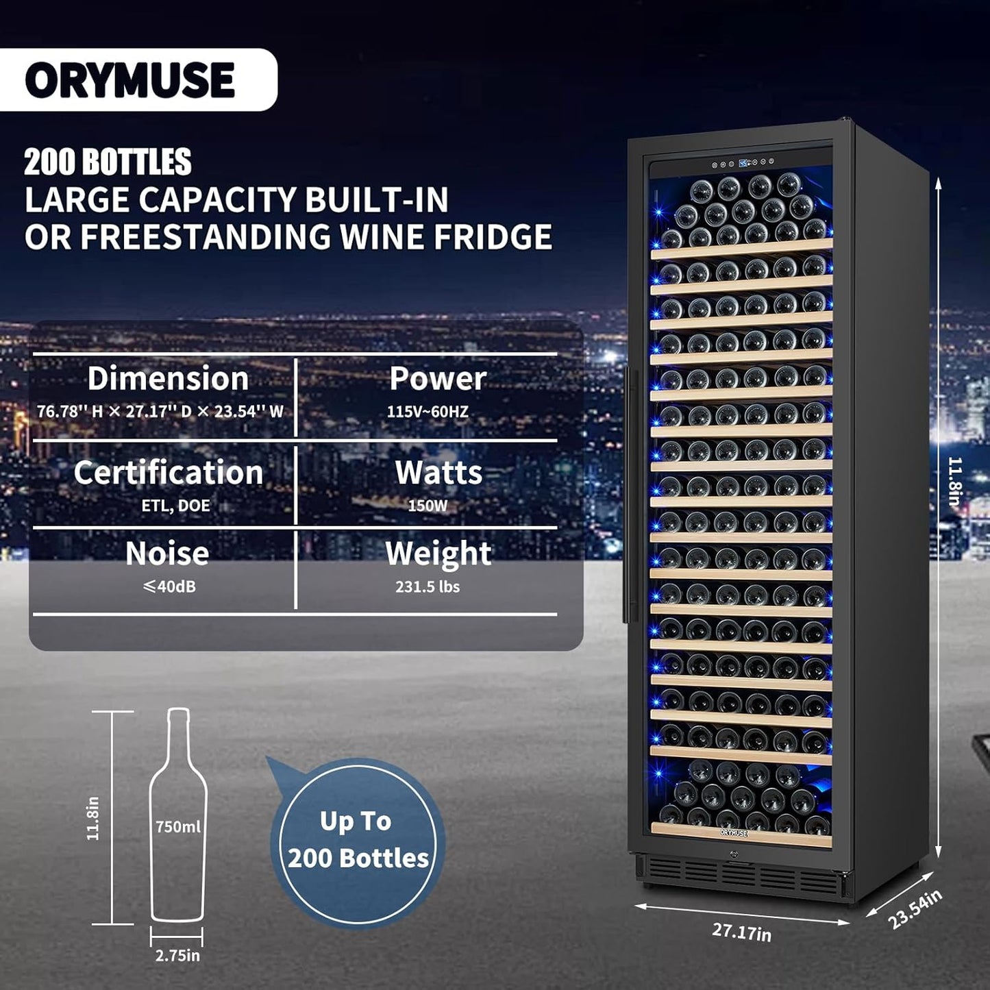 200 Bottle Upgrade Wine Cooler Refrigerator - 24 Inch Large Capacity Wine Fridge Built-In Freestanding, with Quiet Compressor, Professional Temperature Control & Wine Cellar - Black