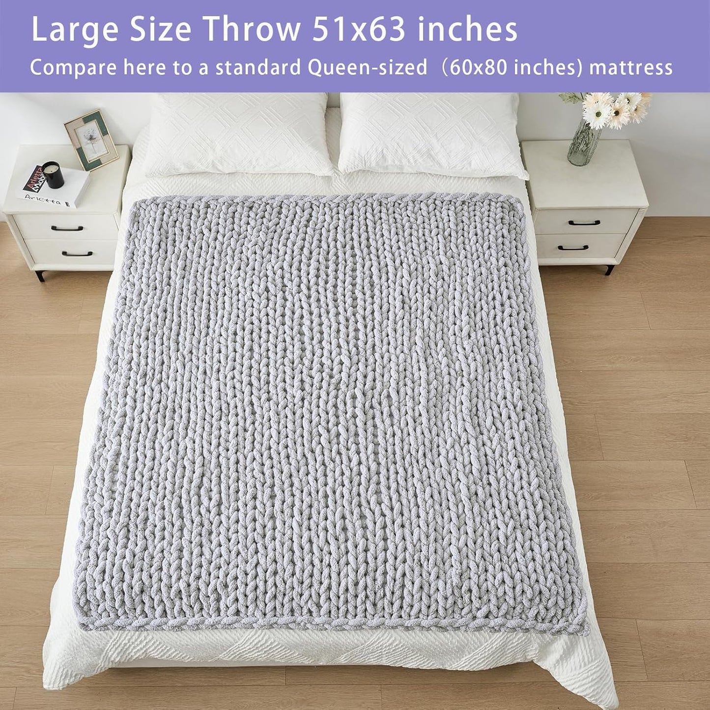 Bigacogo Chunky Knit Throw Blanket for Couch, 51x63 inches, 100% Hand Knitted with Thick Jumbo Chenille Yarn, Cozy Soft Large Rope Knot Cable Crochet Blankets for Sofa Bed Living Room, Light Grey