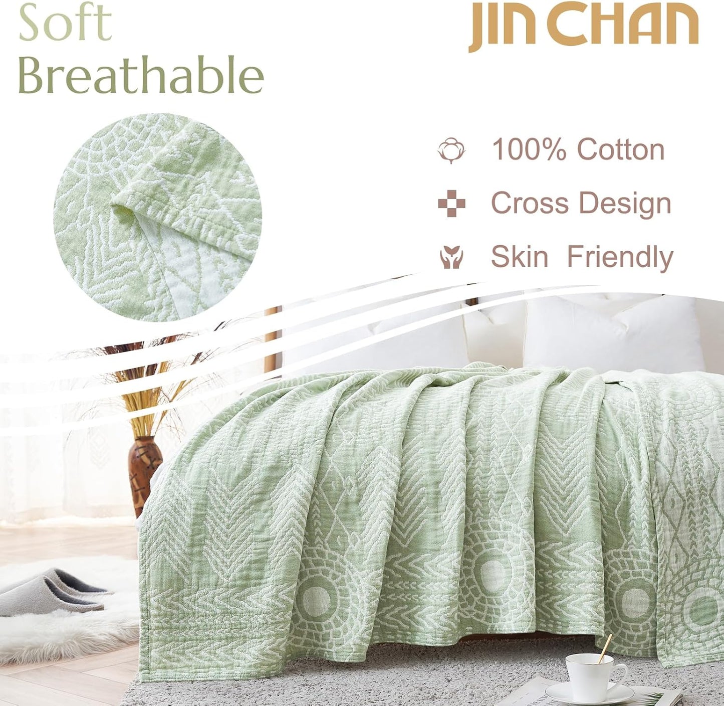 jinchan Boho 100% Cotton Blanket Muslin Lightweight Twin Size Throw Blanket Reversible for Couch Soft Cozy All Season 3-Layer Throw Coverlet Blanket for Bedroom Living Room Decor Green 60x80 Inches