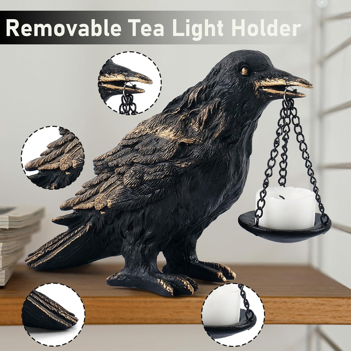 Raven Gothic Home Decor Fake Crow Light Holder Raven Lamp Tealight Candle Holder Resin Raven Statue Wearing Gold 2PCS