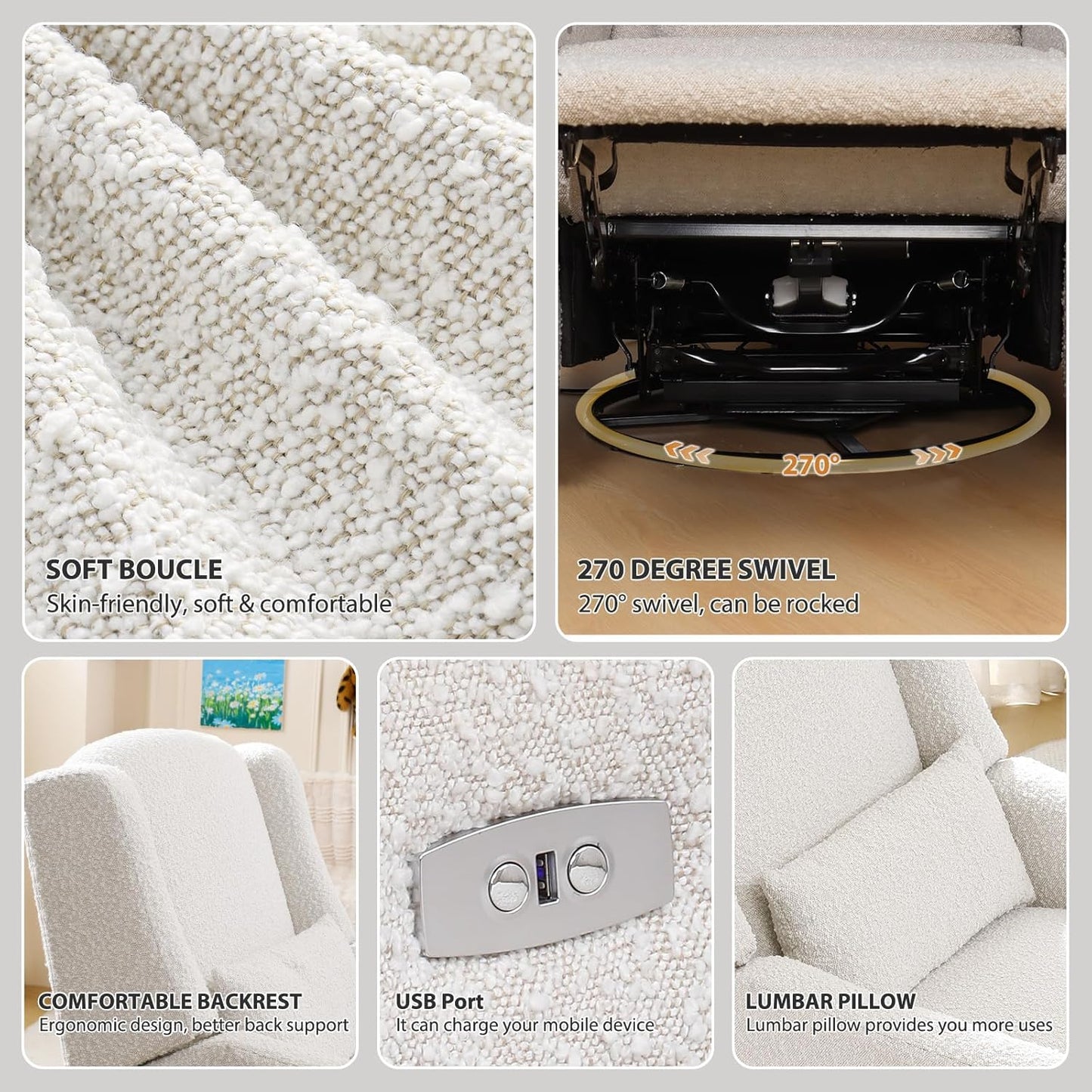 Power Recliner Chair Swivel Glider, Large Rocker Recliner w/USB Charging Port, Boucle Upholstered Swivel Rocker Glider Recliner for Nursery,Bedroom,Living Room, 1PC, Cream