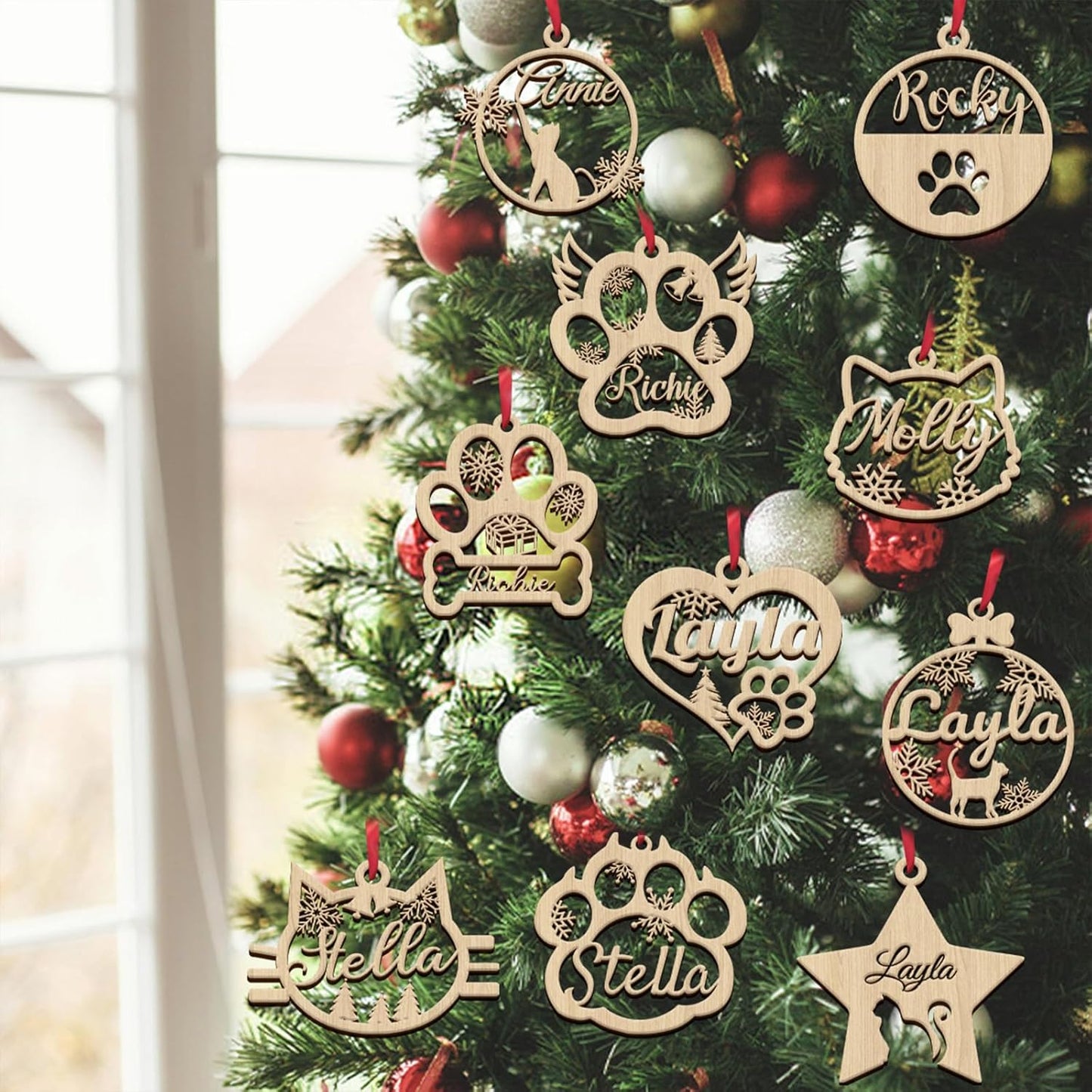 Personalized Wooden Dog Cat Paw Christmas Ornaments 2025 Custom Wood Pet Name Ornament Customized Memorial Dog Hanging Ornament Decoration Gift for Xmas Tree