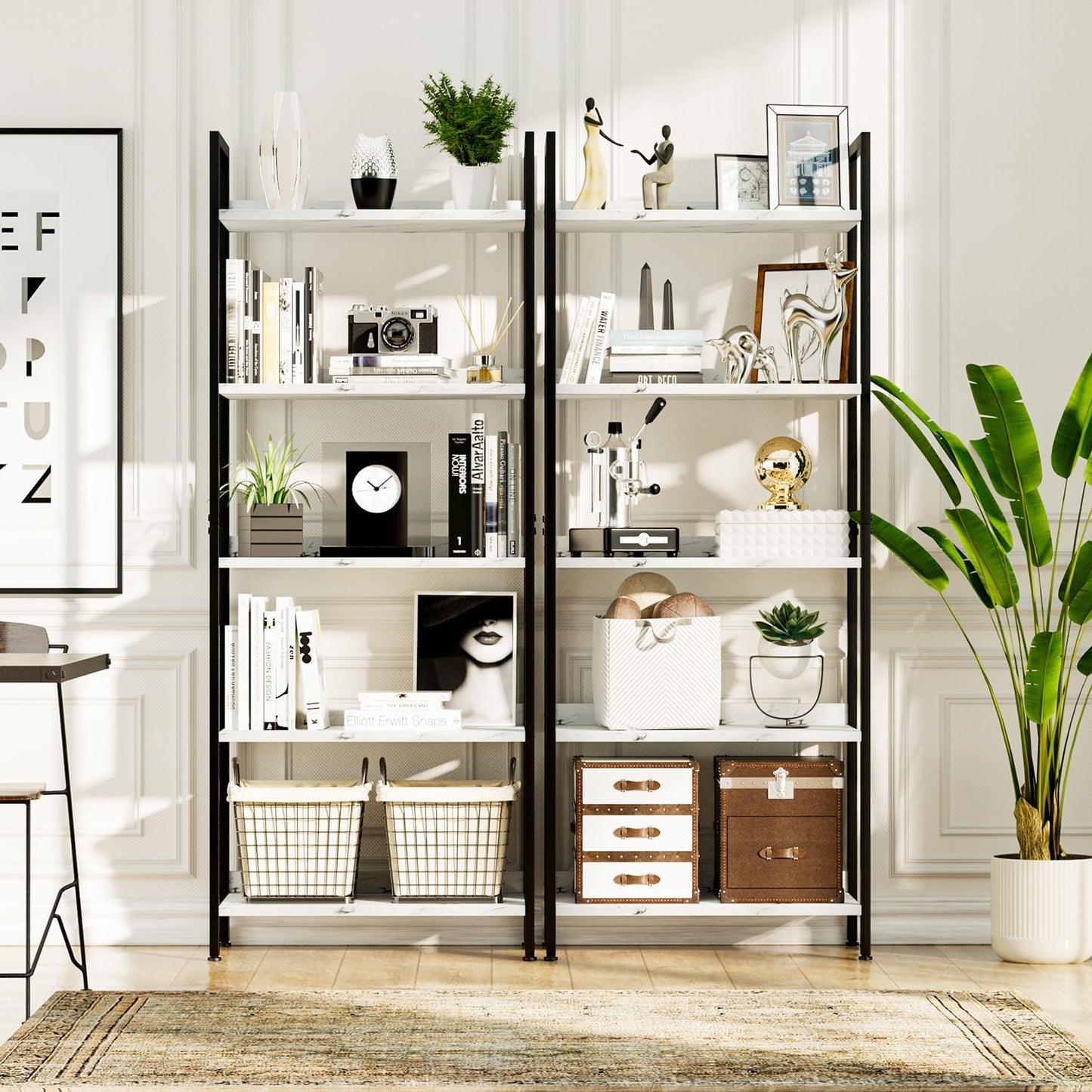 NUMENN Bookshelf, 5 Tier Bookshelves, Home Office Bookcase Shelf Storage Organizer, Free Standing Storage Shelving Unit for Bedroom, Living Room and Home Office, White Marble