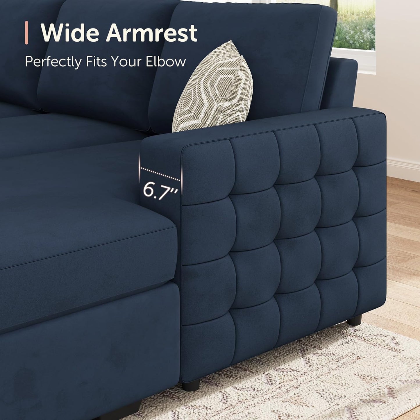 HONBAY Sleeper Velvet Blue Sectional Couch with Pull-Out Bed, Storage Chaise for Living Room