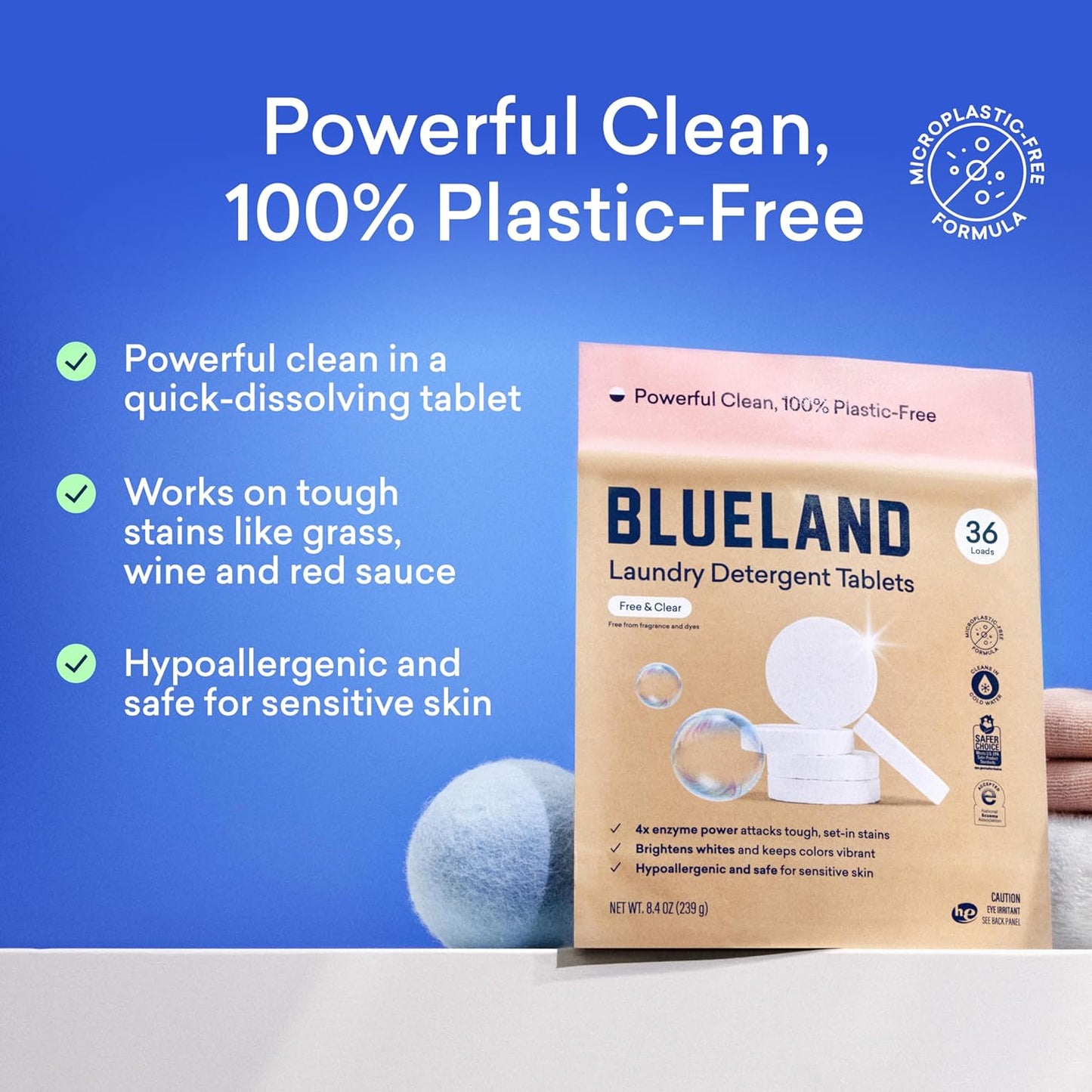 BLUELAND Laundry Detergent Tablets, 60 Count, Plastic-Free Eco-Friendly Pods, Sheets, Liquid Alternative - Fragrance Free and Clear, Natural, Gentle