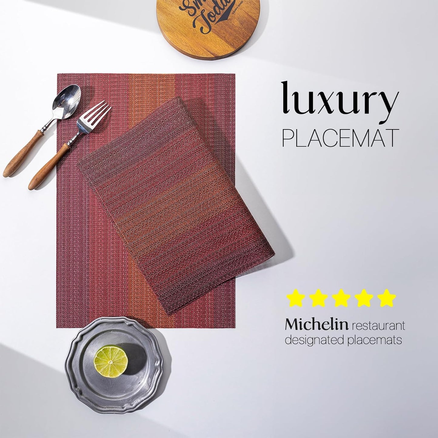 LEXMORE Placemats Set of 6 Vinyl/Plastic Woven Place Mats for Kitchen Table Indoor/Outdoor Washable Placemat Wipeable Dining Table Mats(Pomegranate Parade)