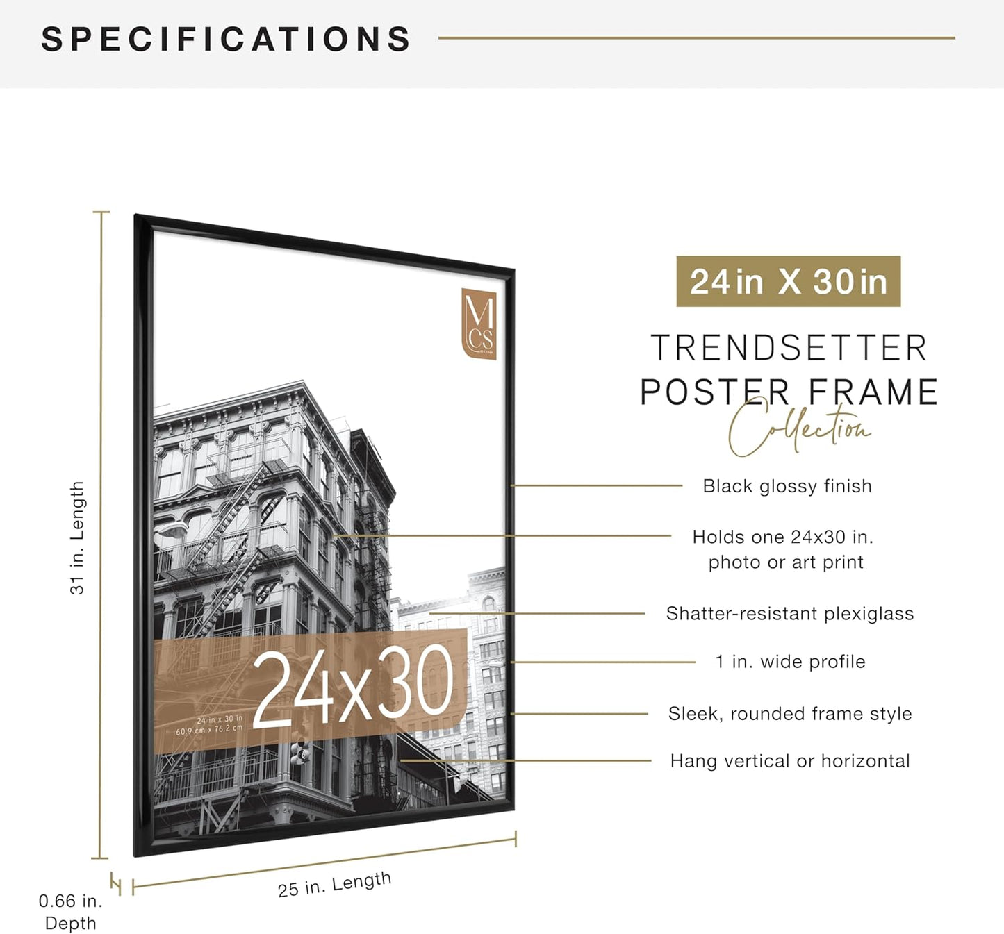MCS Trendsetter 24x30 Poster Frame Black High-Gloss, Vertical & Horizontal Wall Hanging Large Picture Frame for Photos, Posters & Art Prints (1-Pack)