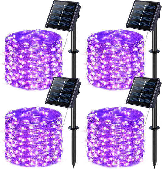 JMEXSUSS 4 Pack Purple Solar String Lights Outdoor Waterproof, 100 LED 33ft Purple Solar Fairy Lights, 8 Modes Copper Wire Christmas Light for Halloween Christmas Garden Yard Tree Decor