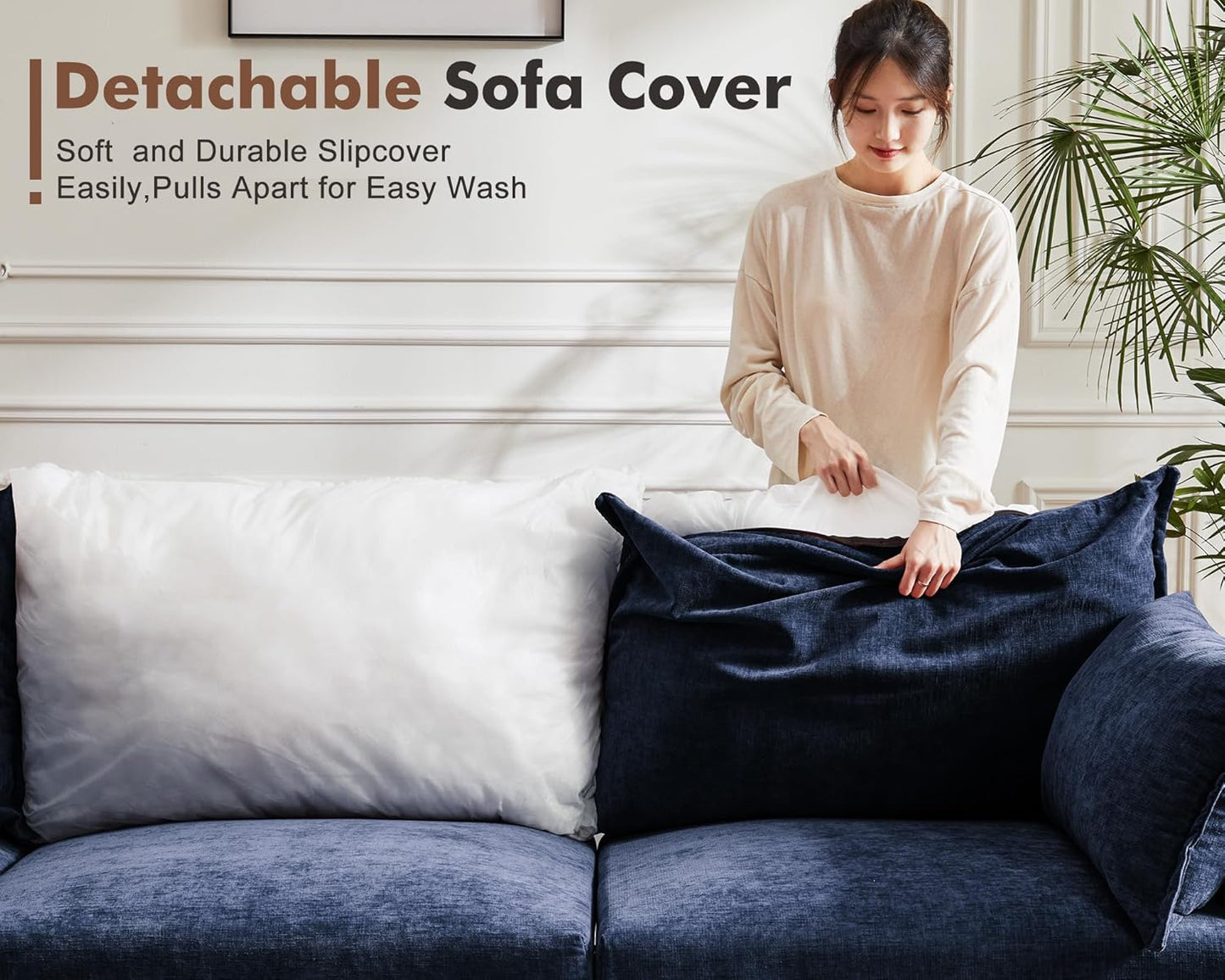 102.6" Modular Sectional Sofa, Oversized 3-Seater Blue Couch with Removable Chenille Fabric Cover, Deep Seat & High Backrest for Living Room, Office & Apartment