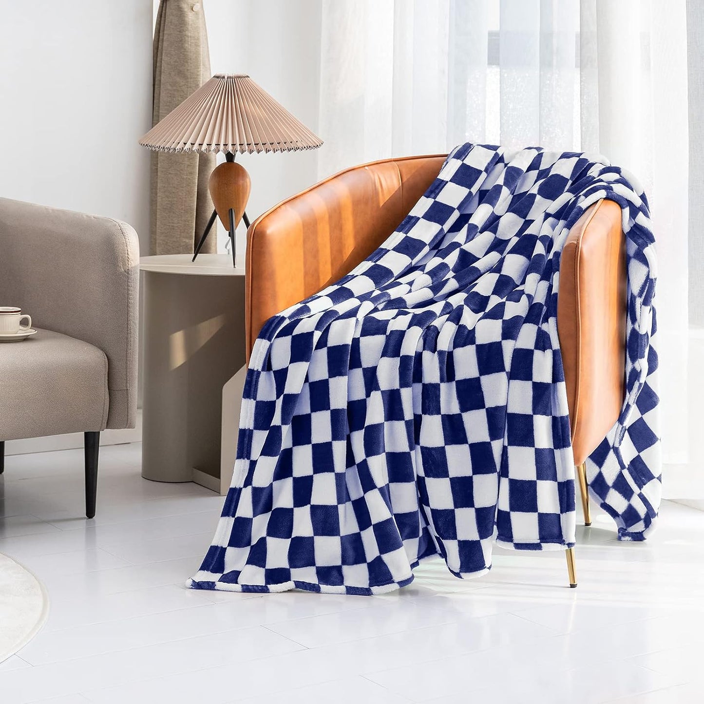 LOMAO Throw Blankets Flannel Blanket with Checkerboard Grid Pattern Soft Throw Blanket for Couch, Bed, Sofa Luxurious Warm and Cozy for All Seasons (Dark Blue, 50"x60")