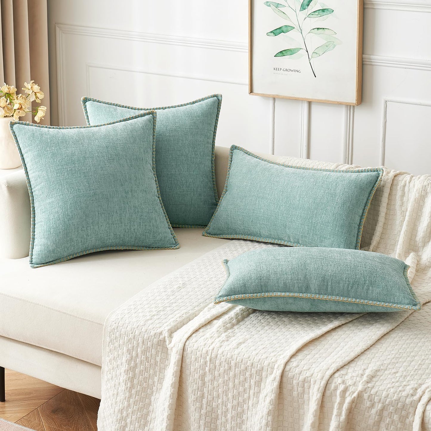 MIULEE Pack of 2 Couch Throw Pillow Covers 18x18 Inch Coastal Aqua Blue Farmhouse Decorative Pillow Covers with Stitched Edge Soft Chenille Solid Dyed Spring Pillow Covers for Sofa Bed Living Room