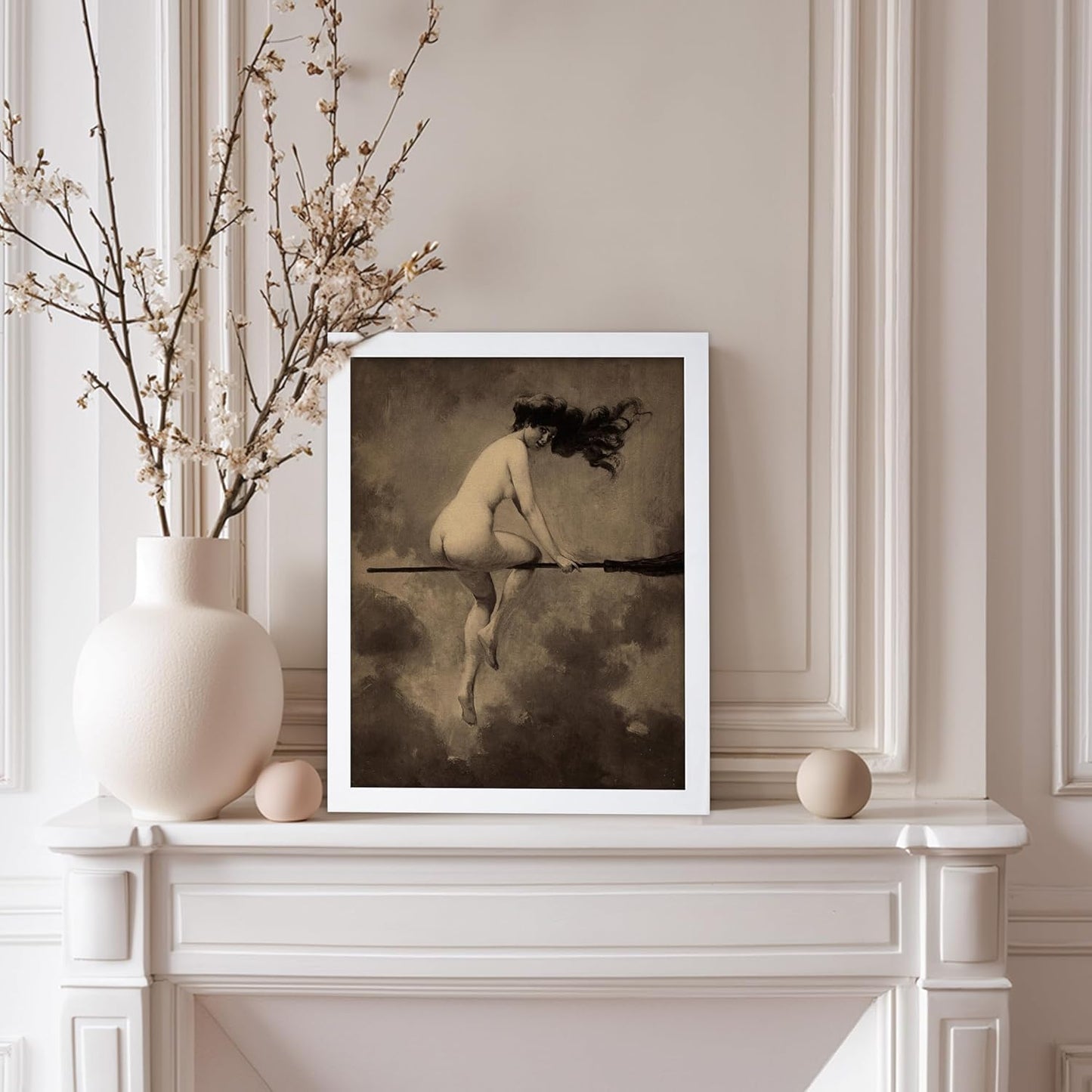 Poster Master Vintage Albert Joseph Penot Poster - Retro Halloween Print - Gift for Artist, Friend - Departure for the Sabbath, Naked Witch on Broom - Wall Decor for Bedroom, 8x10 White Framed