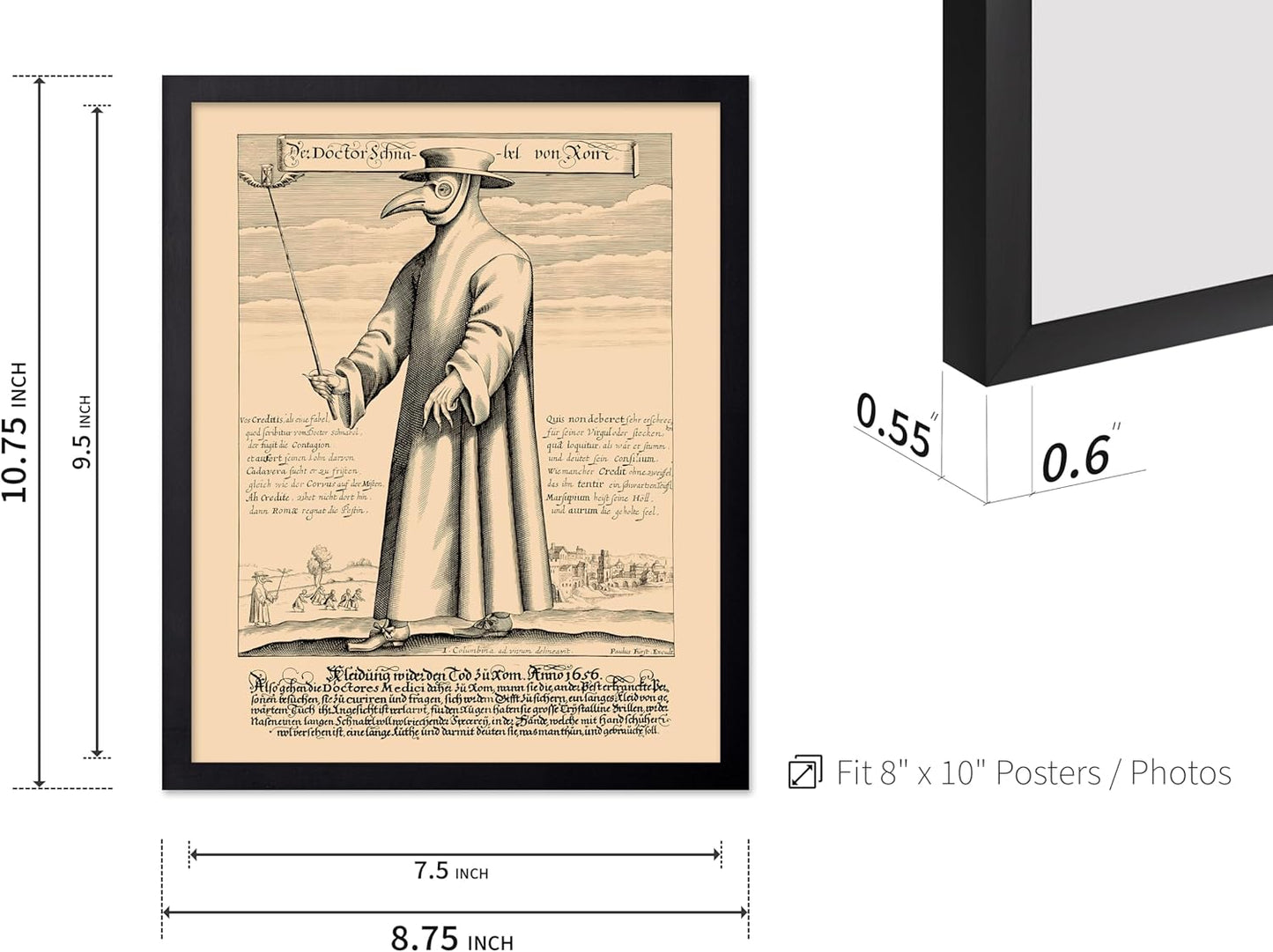 Poster Master Vintage Medieval Poster - Retro Illustration Print - Gift for Friend - Plague Doctor, Pandemic Mask, Physician, Black Death - Wall Decor for Home, Living Room, 8x10 Black Framed