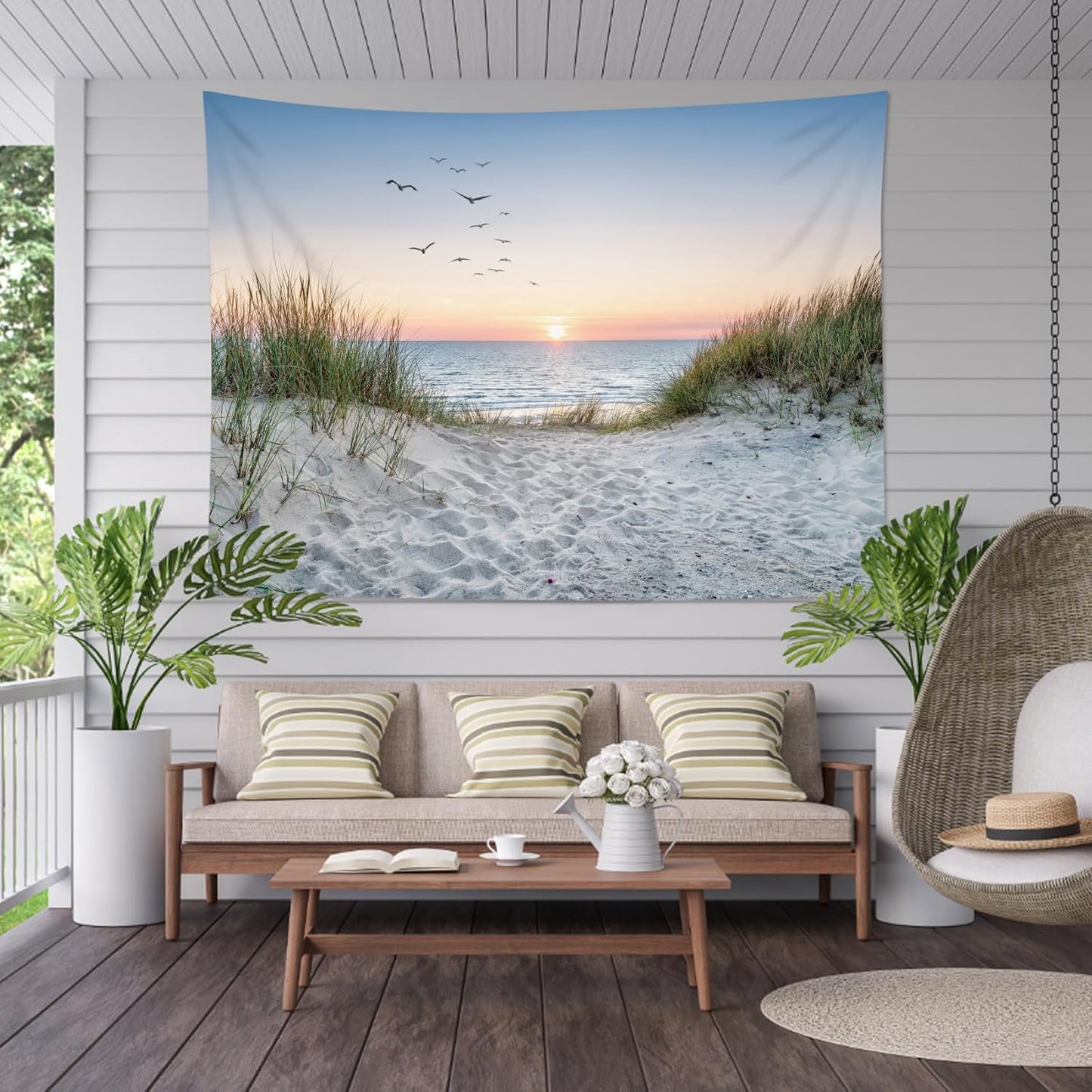 HVEST Ocean Beach Tapestry Wall Hanging, Sunset Seabird and Beach with Grass Wall Hanging Tapestry Natural Landscape Tapestry for Bedroom Living Room Dorm Decoration Wall Decor, 80x60 Inches