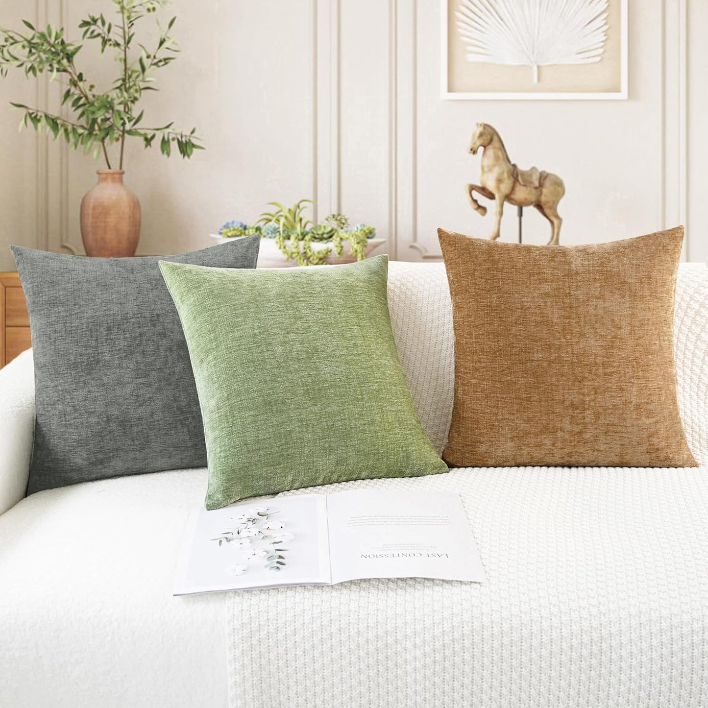 CaliTime Throw Pillow Covers Decorative 12 X 20 Inches Pack of 2 Cozy Chenille Cushion Cases for Couch Sofa Bed Living Room Home Sage Green