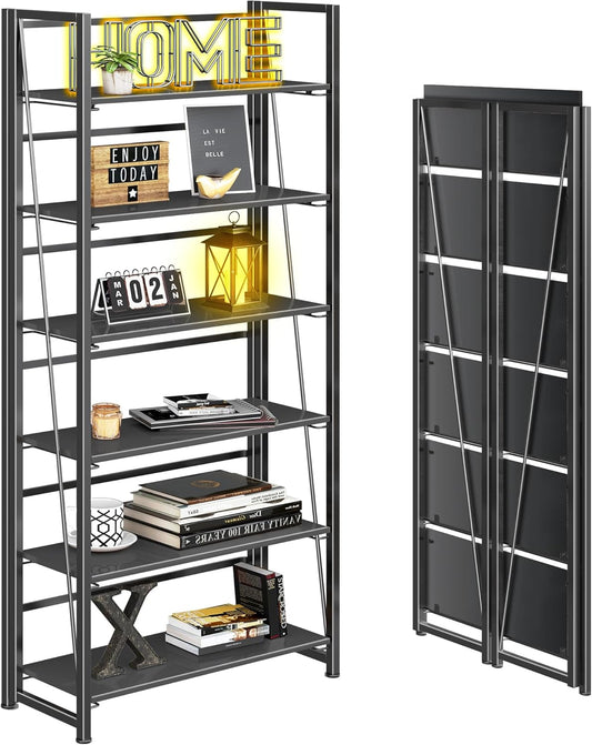 4NM No Assembly Foldable Bookshelf, 6-Shelf Collapsible Bookcase Storage for Small Spaces, 74" H, All Black