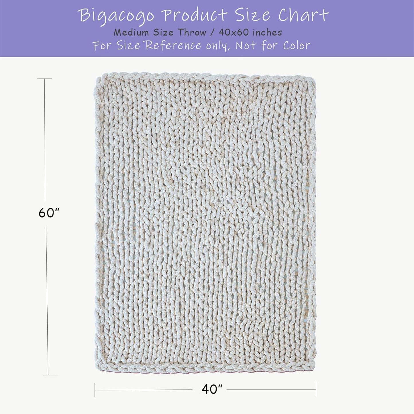Bigacogo Chunky Knit Throw Blanket for Couch, 40x60 inches, 100% Hand Knitted with Thick Jumbo Chenille Yarn, Cozy Soft Large Rope Knot Cable Crochet Blankets for Sofa Bed Living Room, White
