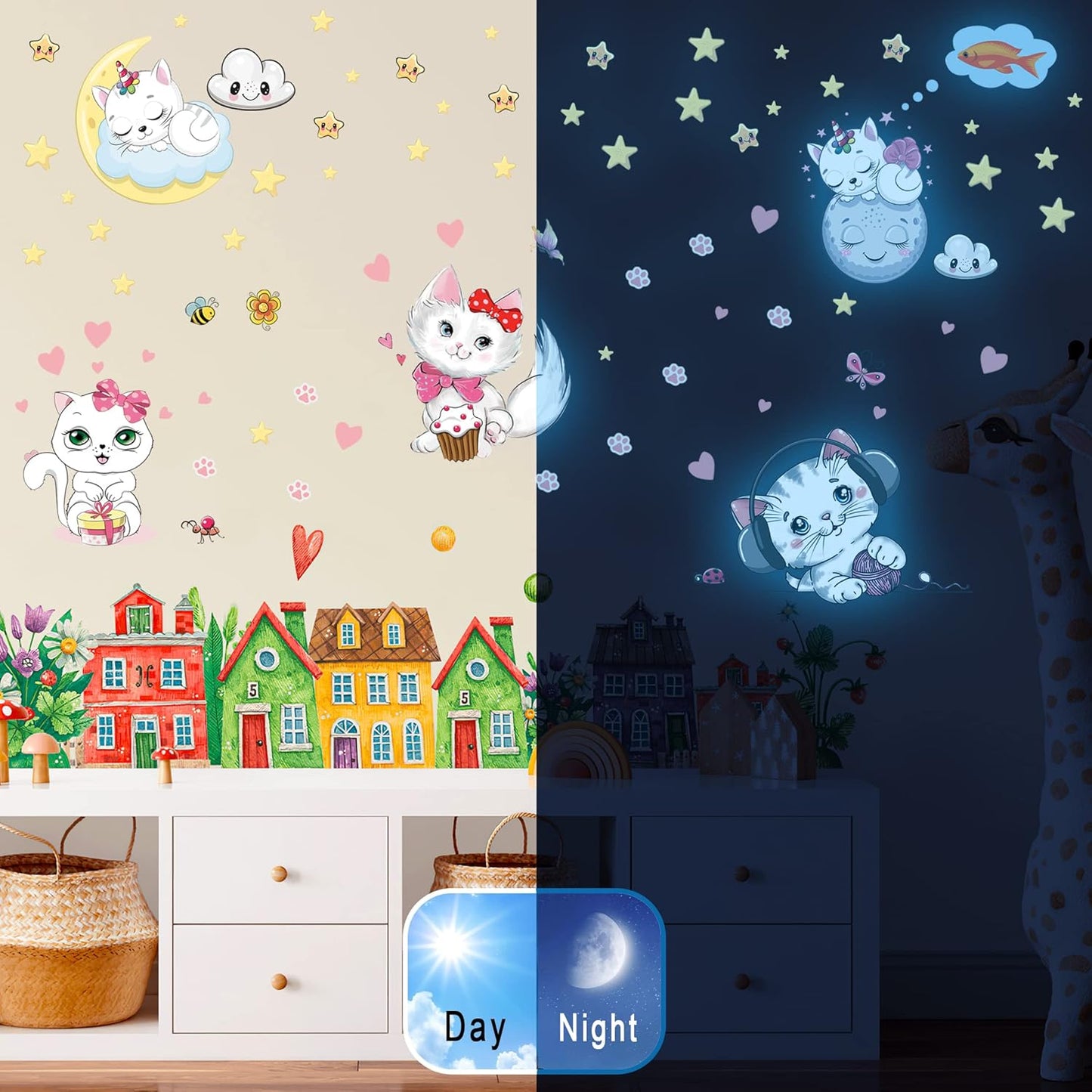 Glow in The Dark Stars for Girl's Room, Glowing Cats Cartoon Wall/Ceiling Decals, Kitten Butterflies Stickers for Kids Bedroom, Luminous Wall Decor for Nursery (Blue)