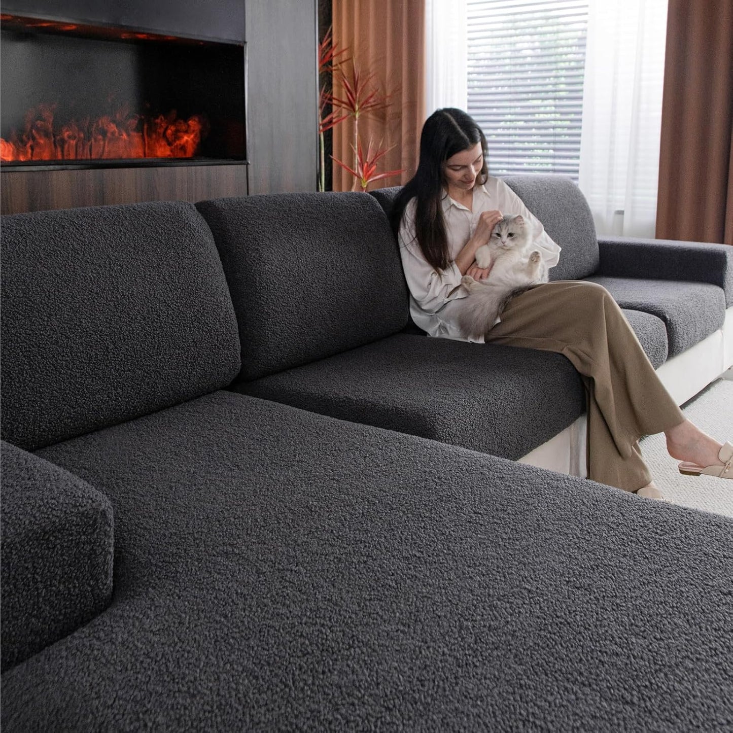 Couch Cushion Covers for Sectional Sofa, Stretch Soft Sofa Slipcovers Washable Wear-Resistant Universal Furniture Protector for Living Room(1 Piece Oversized Cover, Dark Gray)