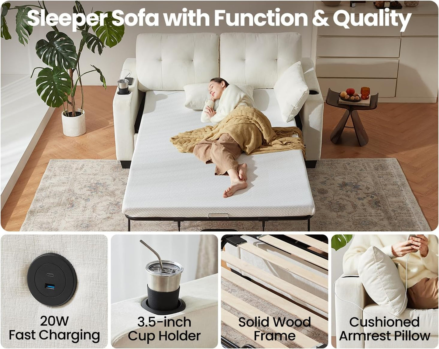 Pull Out Sofa Bed, Full Size Sleeper Sofa, 2-in-1 Convertible Corduroy Couch with USB Charging, Memory Form Couch for Living Room, Apartment and Small Space (Beige, Chenille - Full Size)