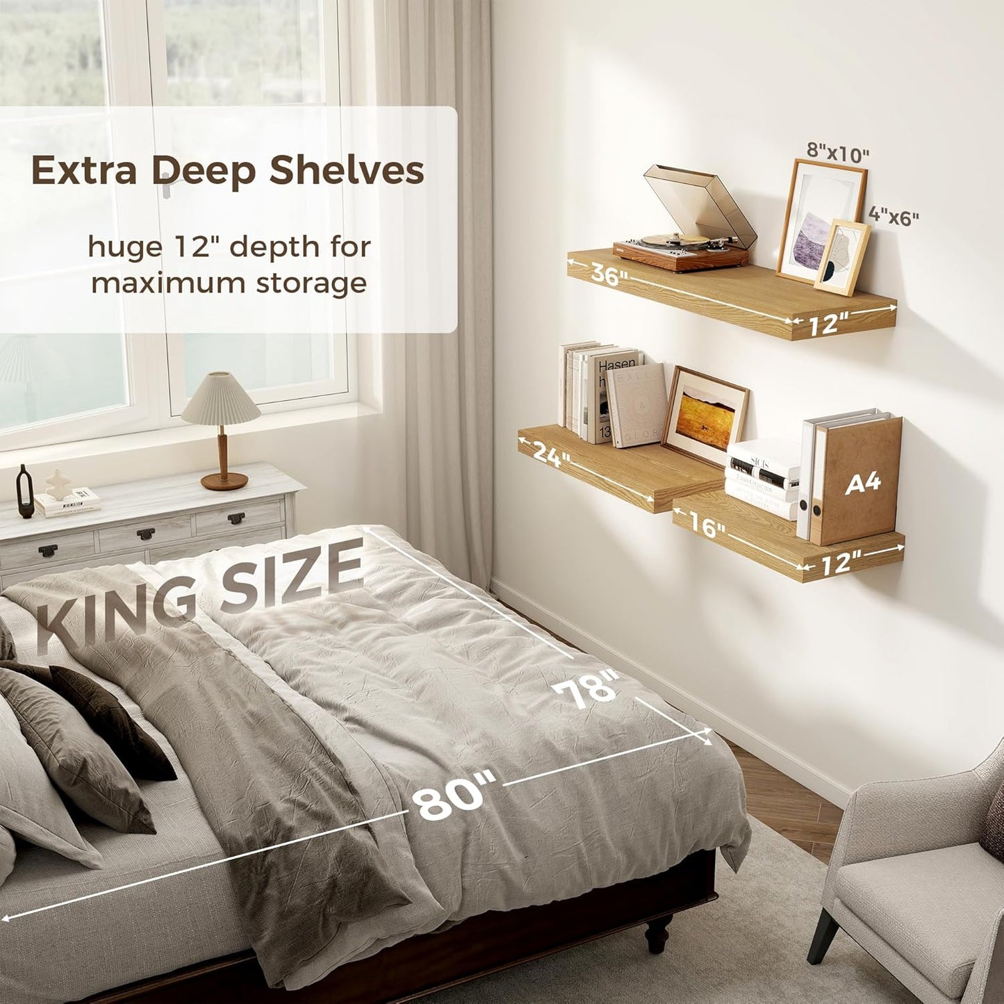 Floating Shelves 36 Inch Long, 12 Inch Deep Floating Shelves for Wall, 36 x 12 Shelves for Wall Storage & Display, 2" Thick Floating Shelf for Bathroom, Living Room, Bedroom, Oak Color, Set of 1